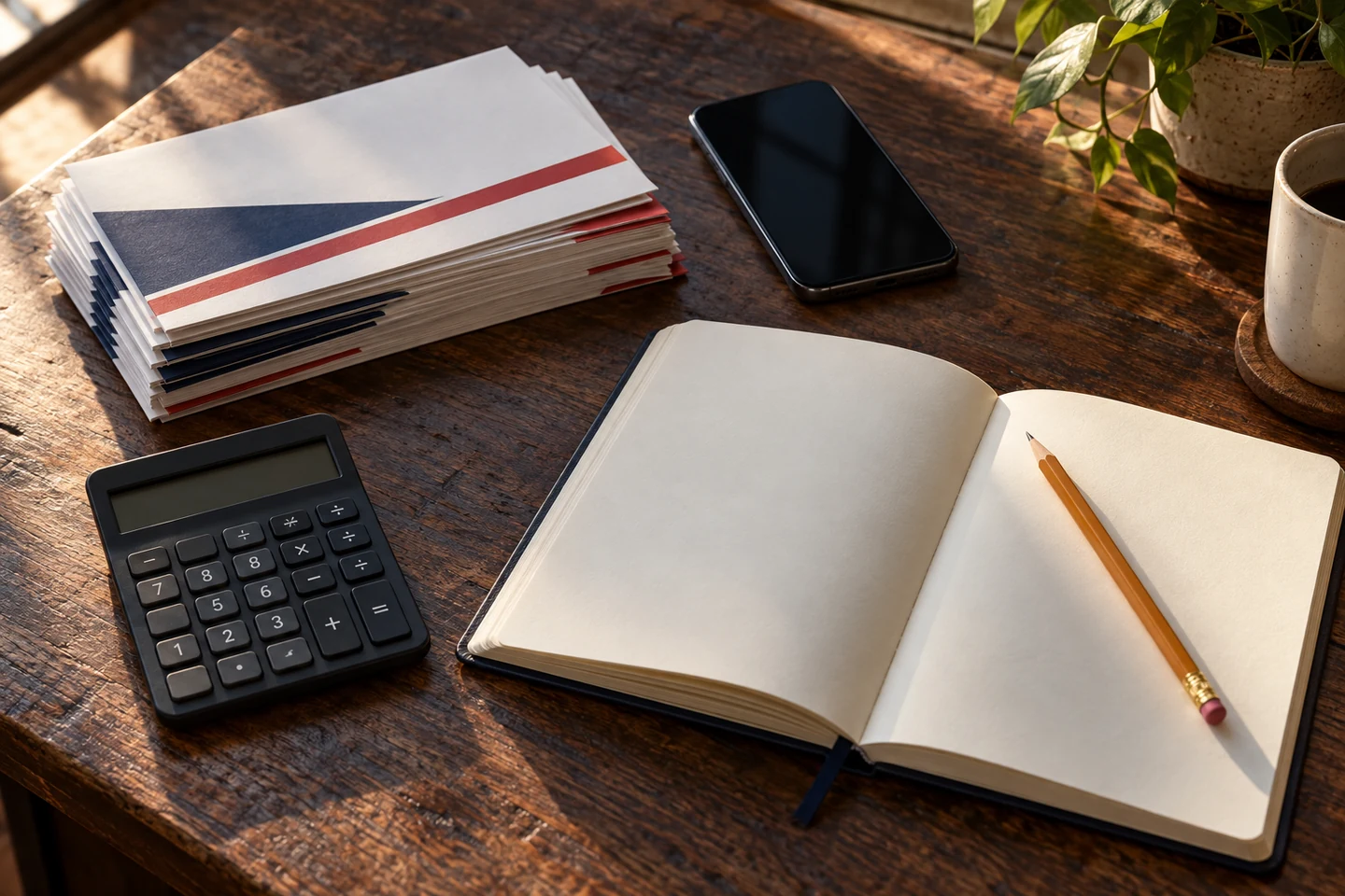 AI-generated conceptual still life of generic campaign mailers, a phone, notebook and calculator for an analysis of JD Vance and political spending efficiency.