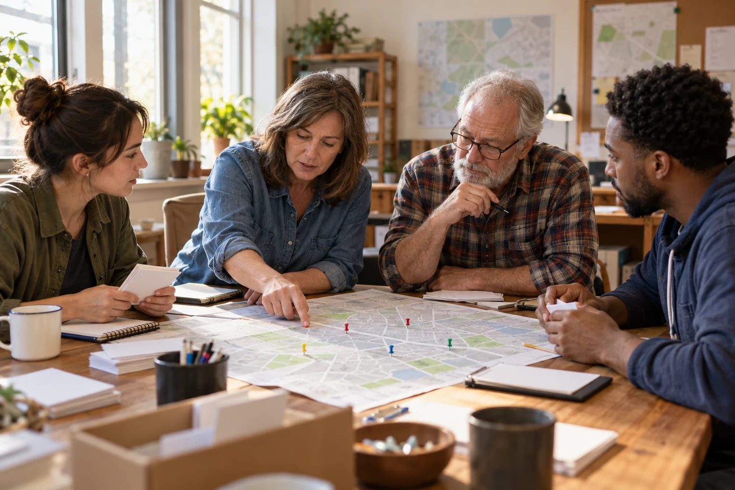 AI-assisted editorial illustration of volunteers planning local outreach for an analysis of JD Vance and 2026 midterm campaign spending.