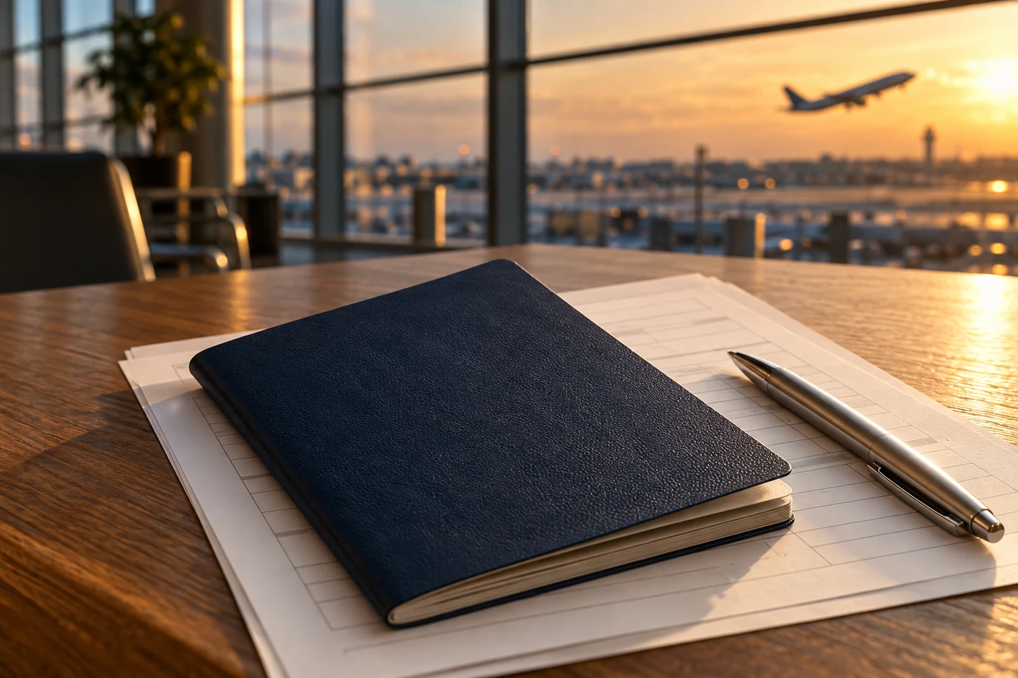 AI-assisted editorial illustration of an anonymous travel document, blank application papers and a pen beside airport windows at sunset.