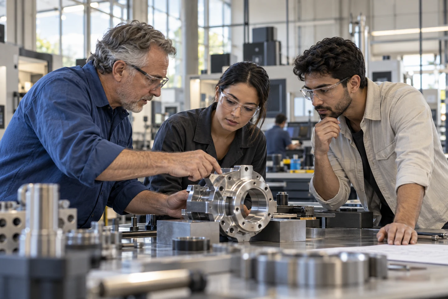 AI-assisted editorial illustration of skilled professionals collaborating over a precision component in a modern manufacturing laboratory.