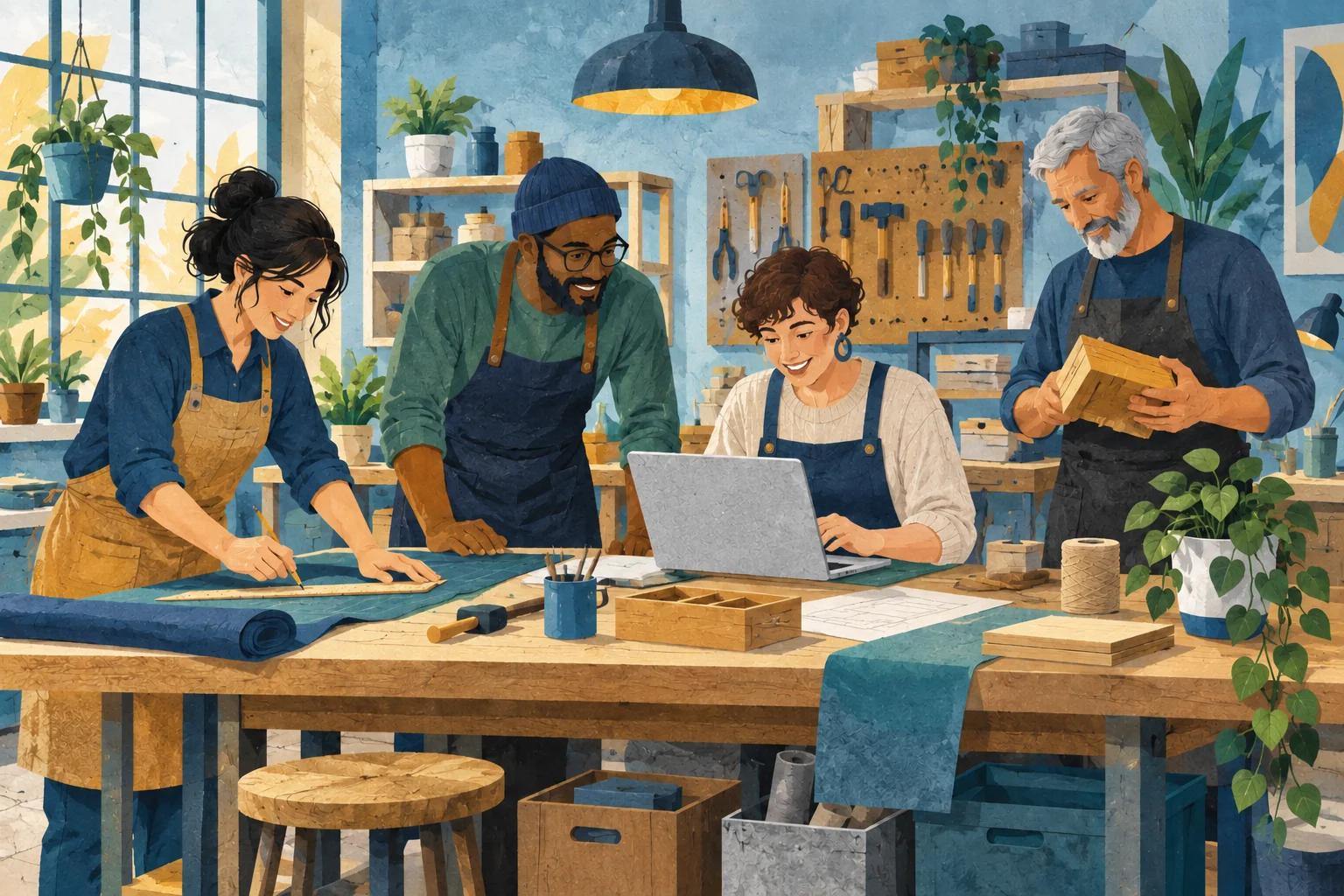 Workers collaborating in a shared workplace.