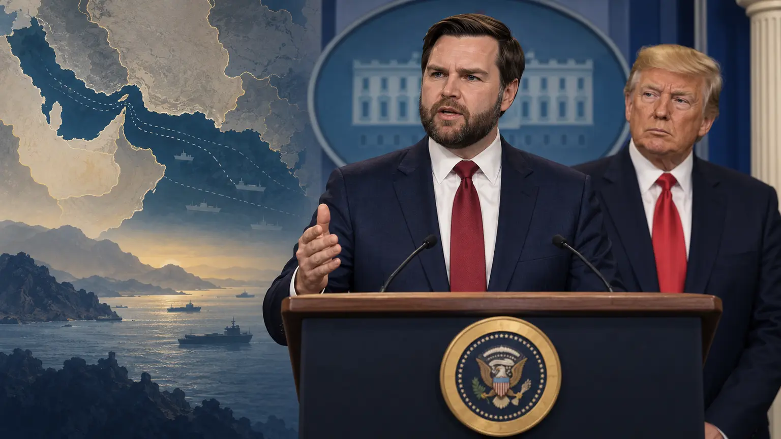 AI-assisted editorial illustration of JD Vance discussing Iran strategy with Donald Trump at a White House briefing