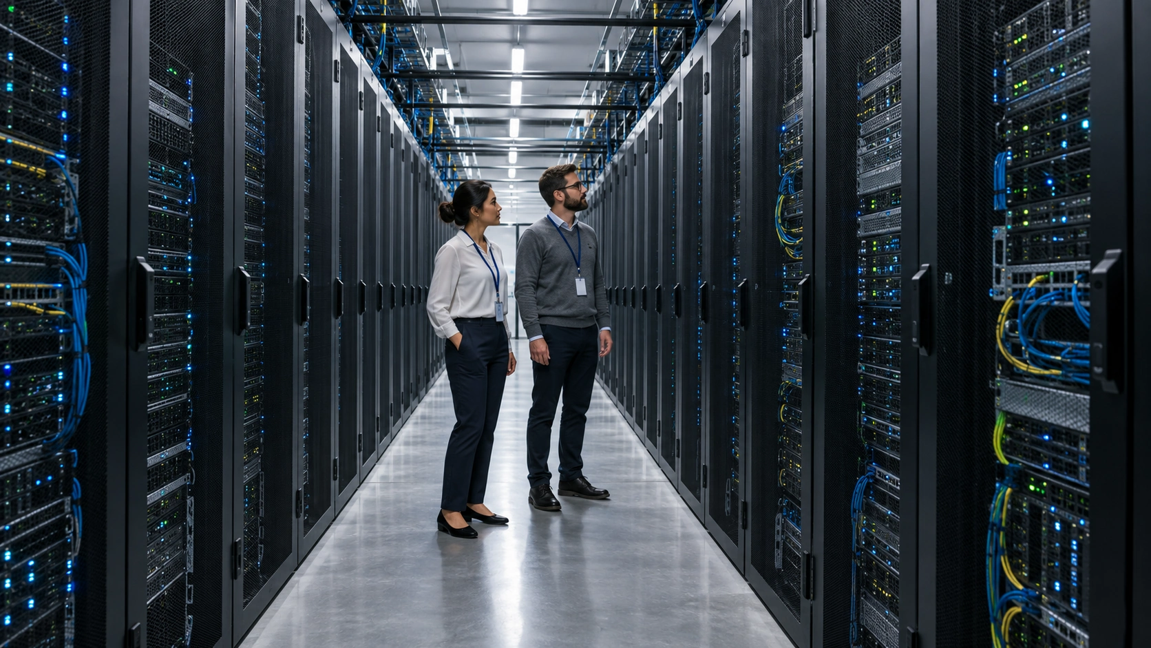 Engineers inspecting a modern data-center server aisle