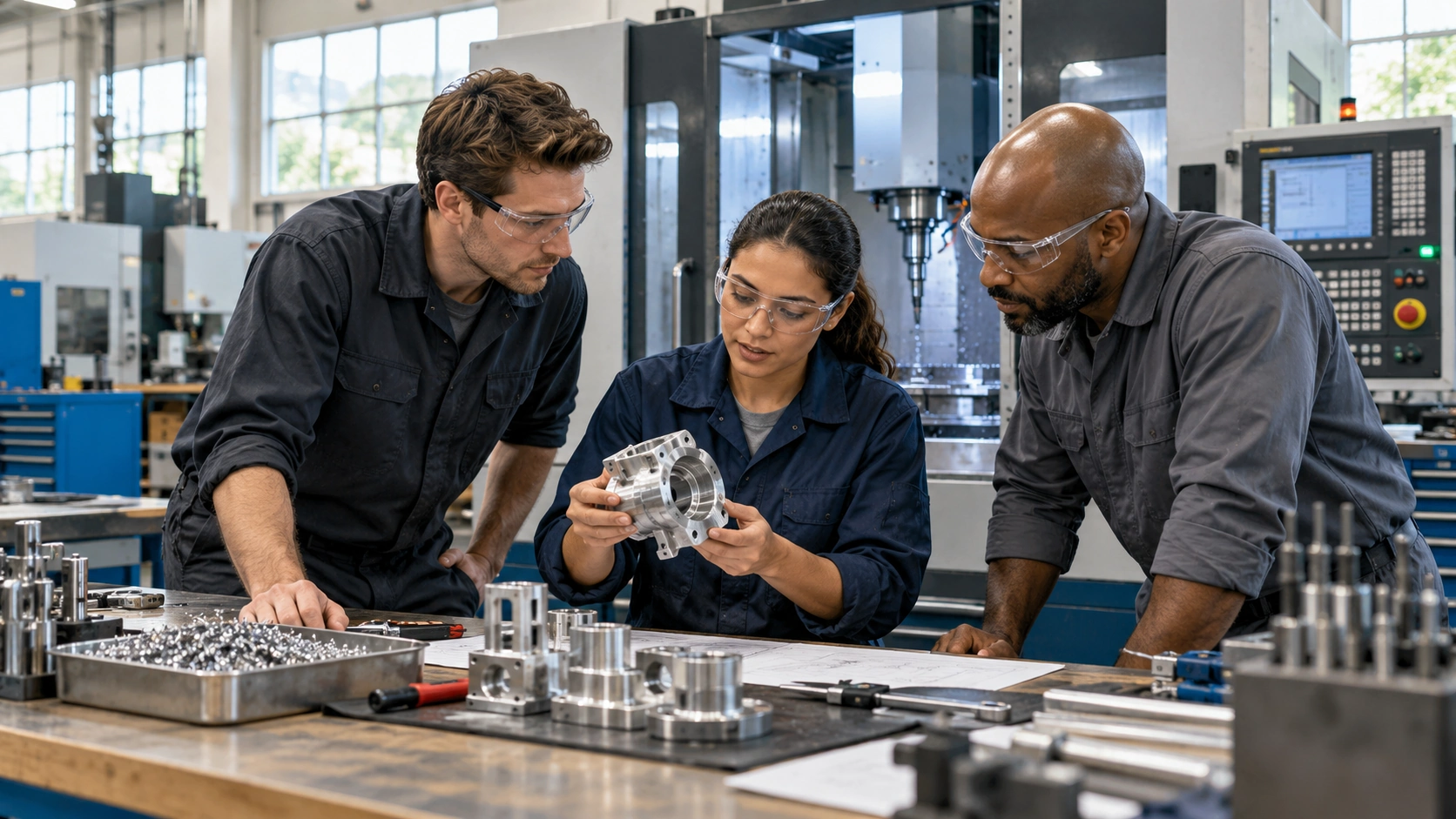 Precision-manufacturing technicians working together at a modern industrial workbench