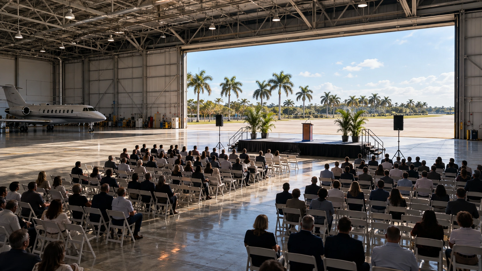 A conceptual civic speaking event inside a spacious Florida aviation hangar