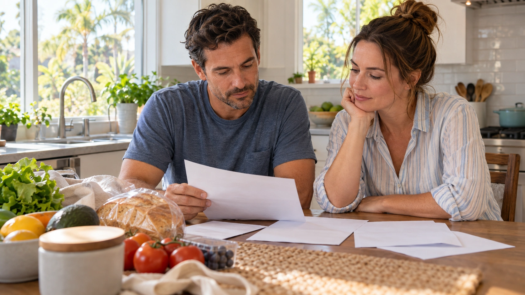 Two adults reviewing household papers and groceries at a kitchen table