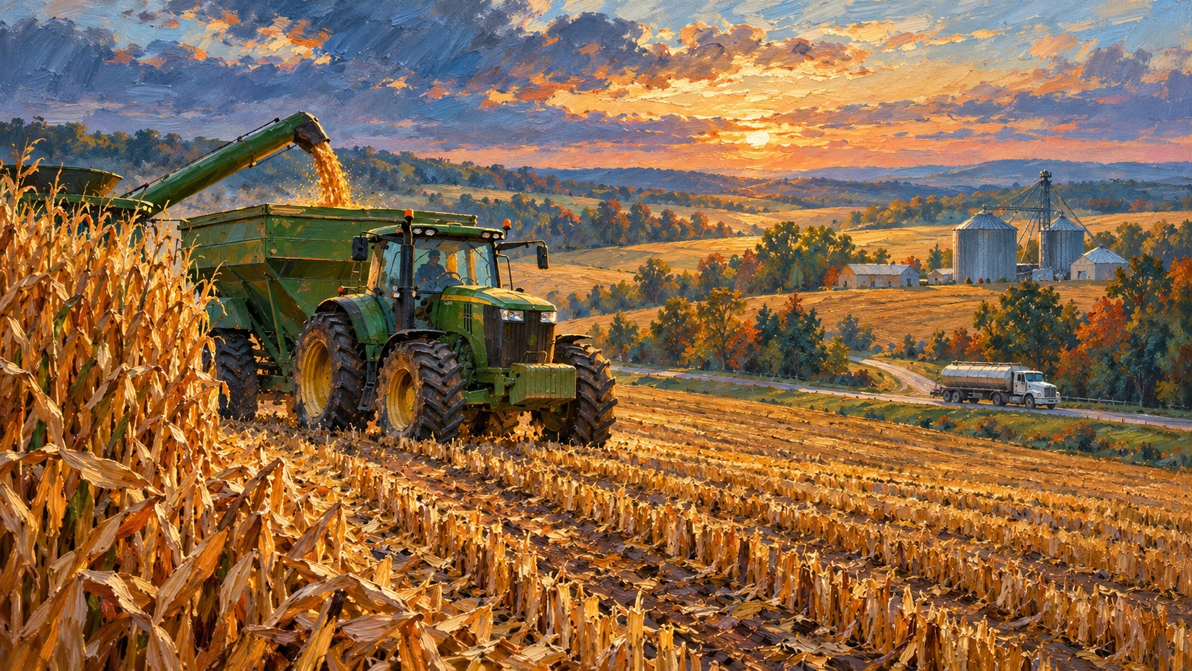 AI-assisted editorial illustration of agricultural machinery, harvested fields and fuel delivery.