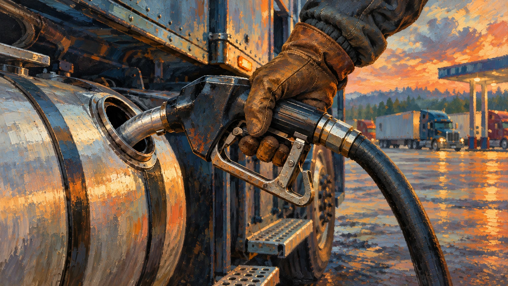 AI-assisted editorial illustration of a worker refueling a truck with a diesel nozzle.
