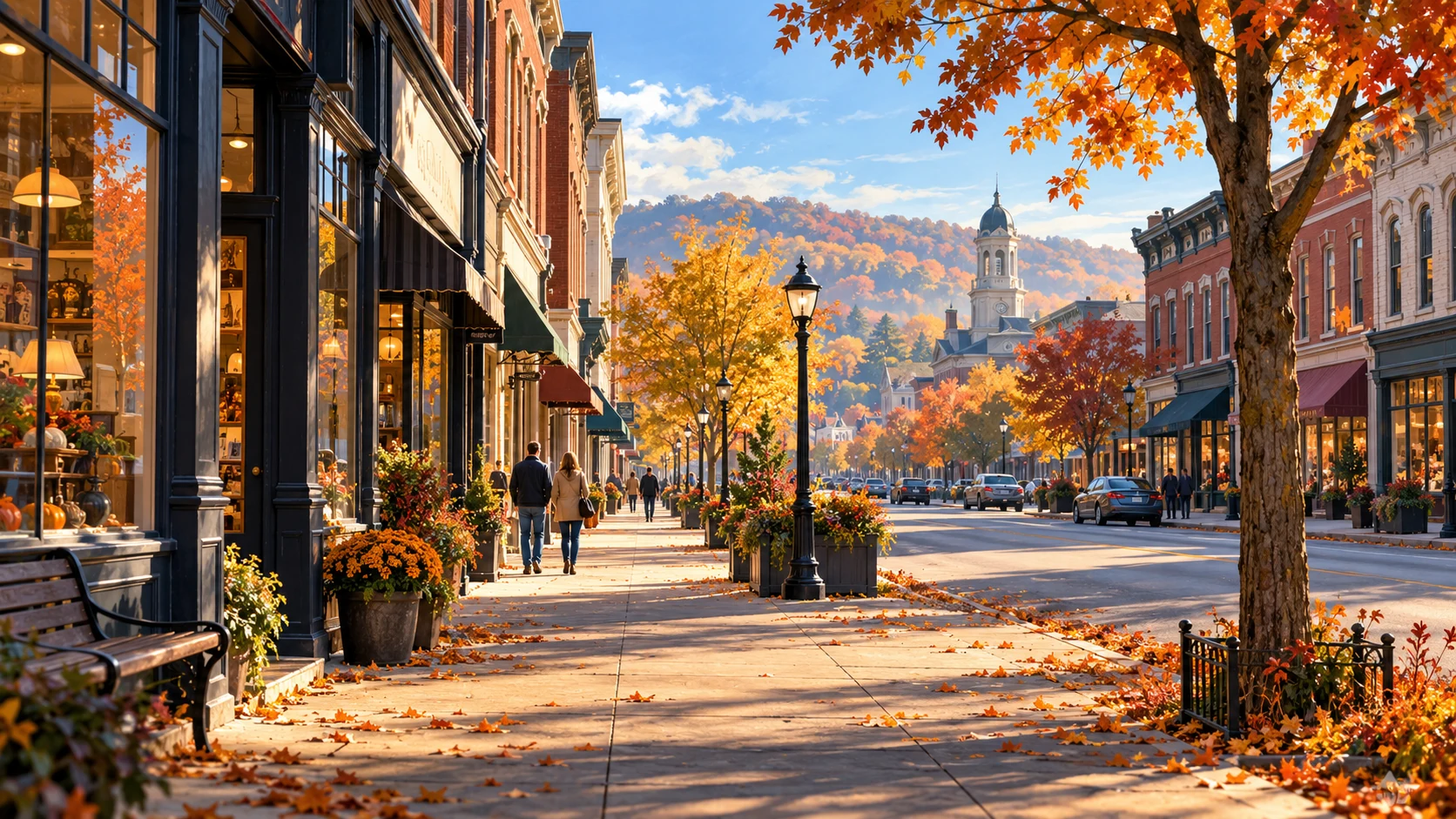 AI-assisted editorial illustration of an Ohio-inspired main street in autumn, with brick storefronts and anonymous pedestrians