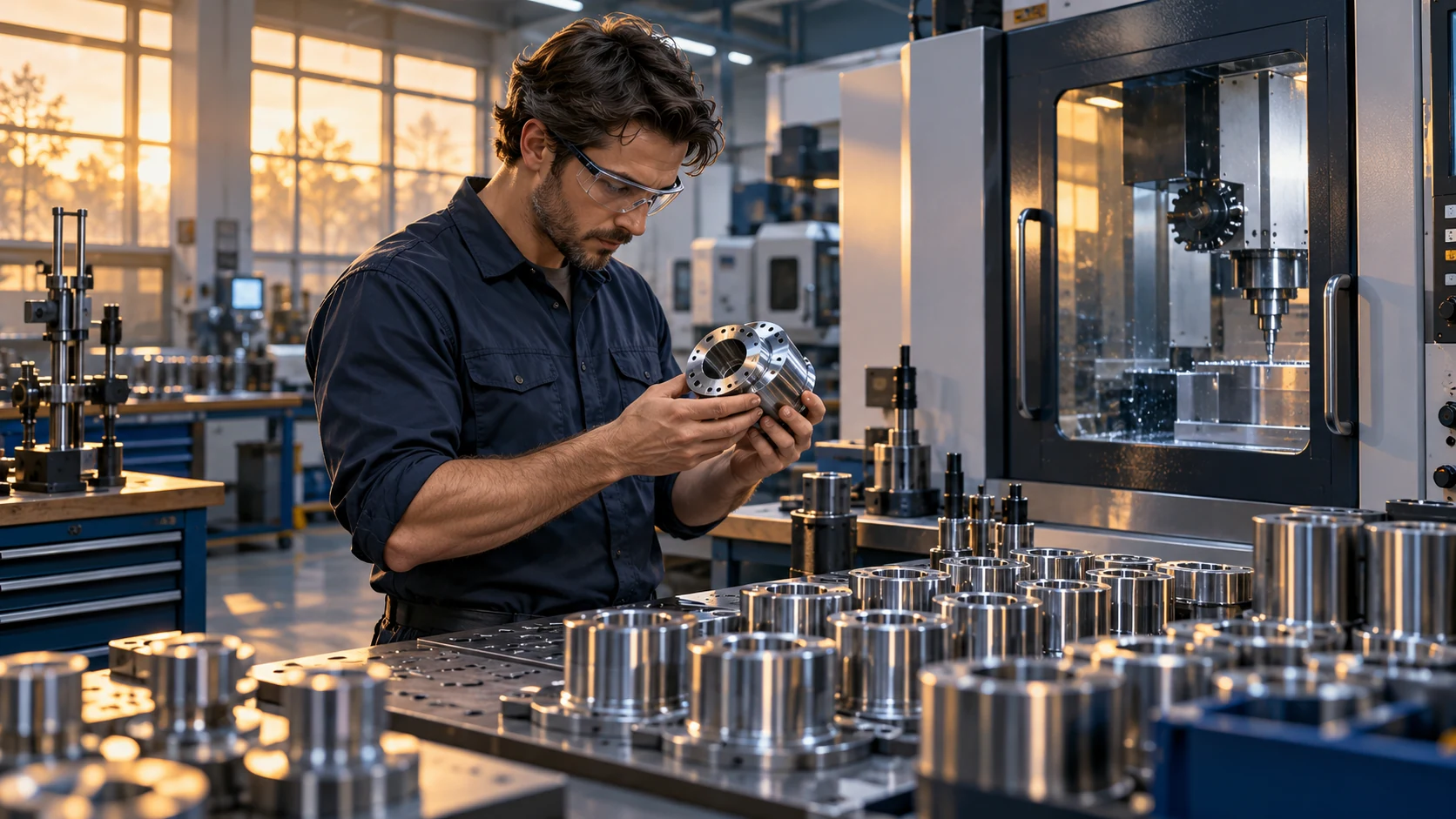 AI-assisted editorial illustration of a modern Ohio-inspired machine shop with an adult worker in safety equipment and precision-manufacturing components