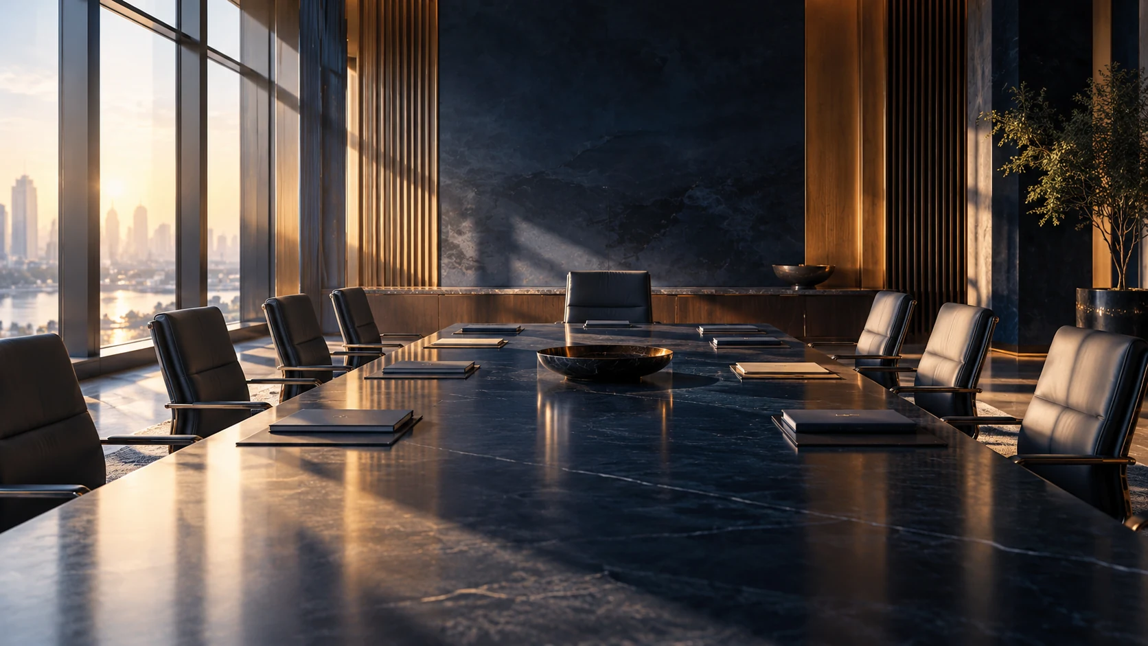 AI-assisted editorial illustration of an empty diplomatic meeting room with papers and chairs, symbolizing nuclear negotiations rather than an actual meeting