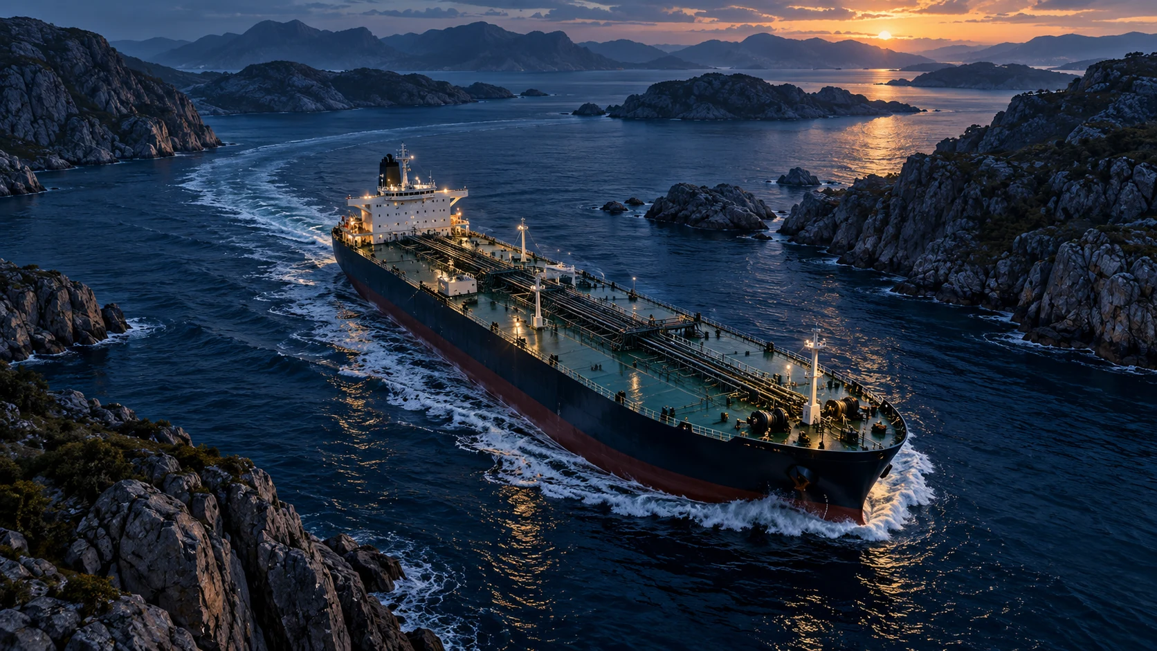 AI-assisted editorial illustration of a commercial tanker passing through a rocky seaway at blue hour, representing the connection between maritime trade and energy risk