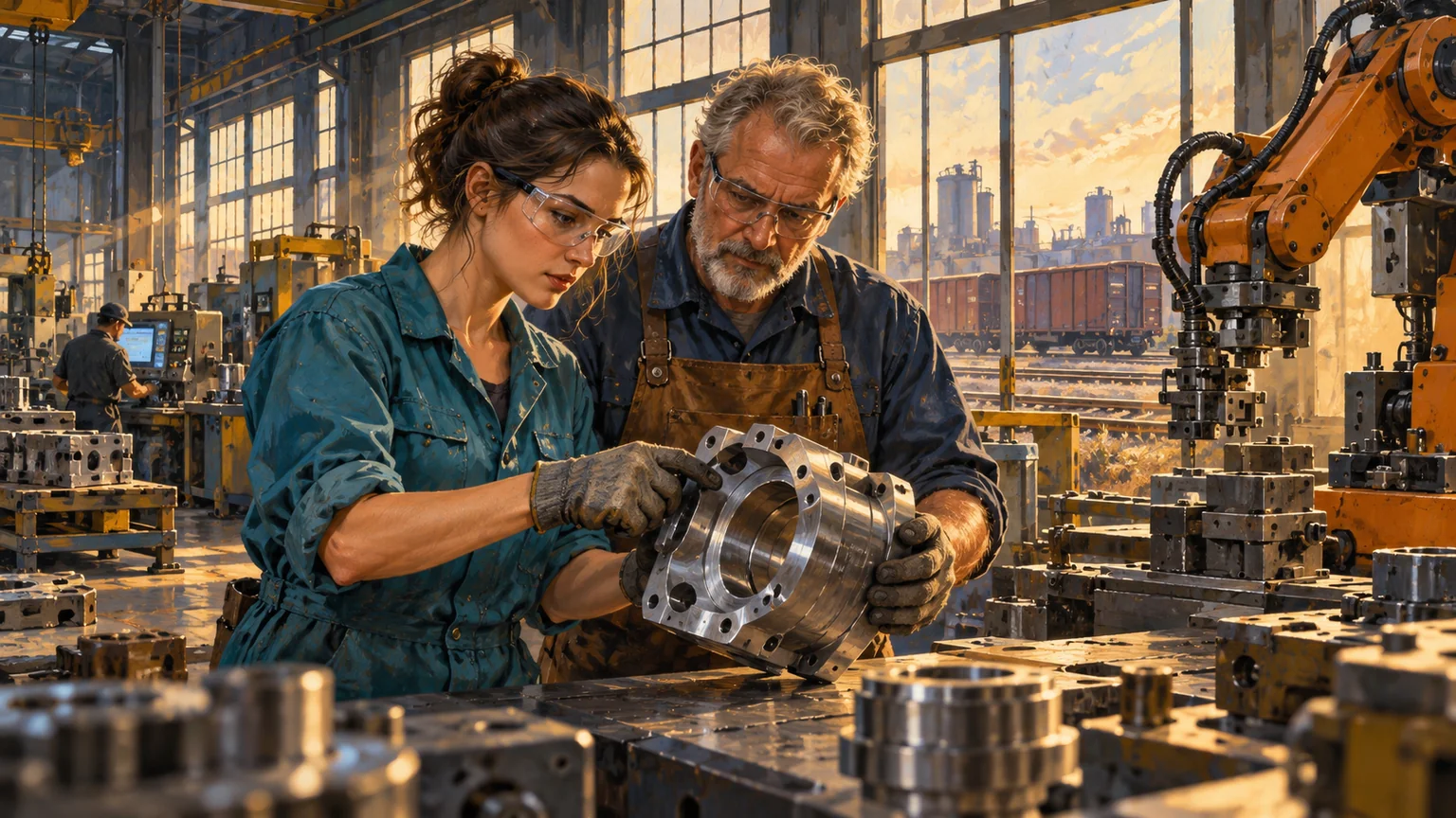 AI-assisted editorial illustration of two skilled manufacturing workers inspecting a metal component in a sunlit workshop.