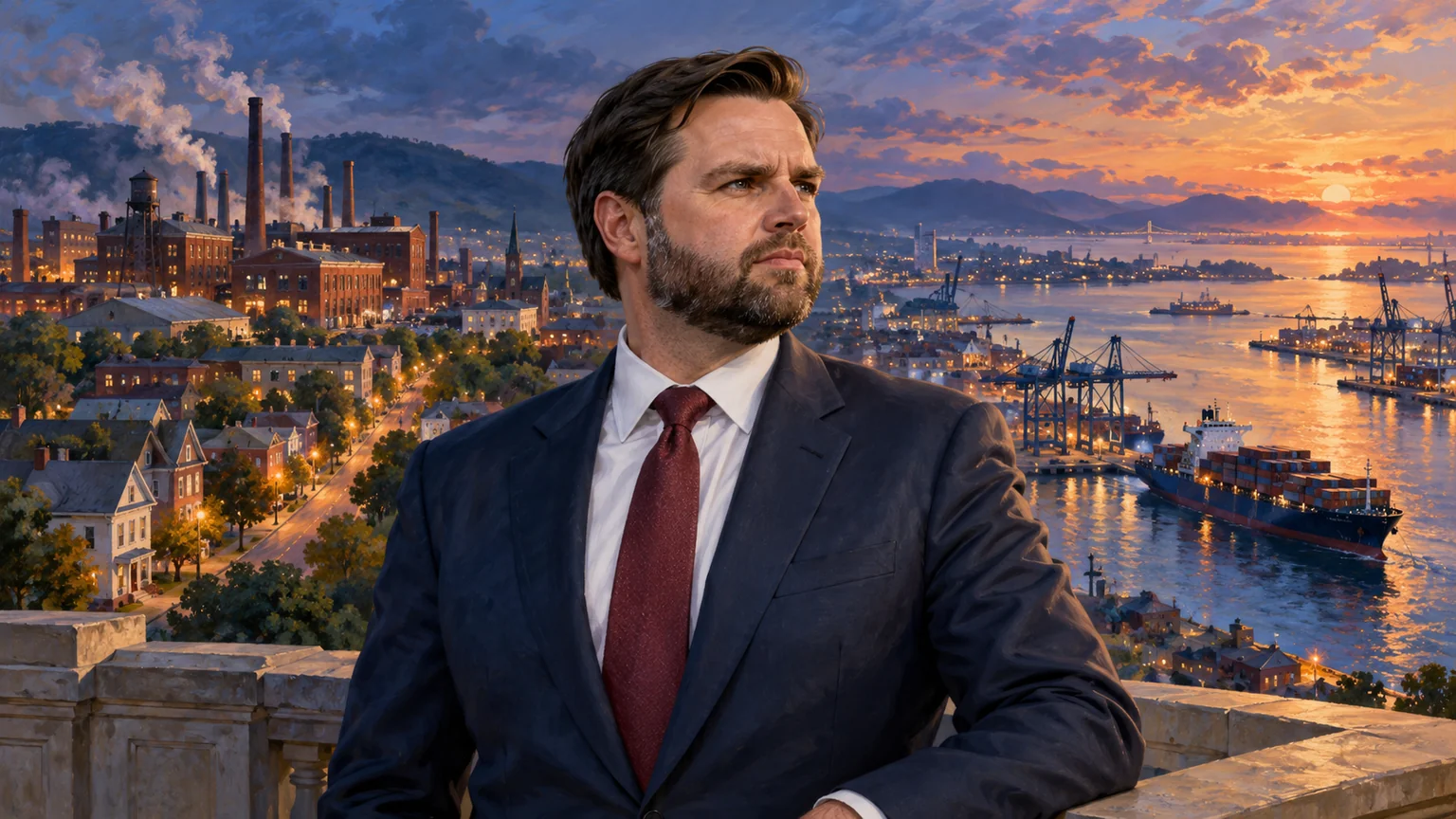AI-assisted editorial illustration of JD Vance overlooking a conceptual industrial town, neighborhood and seaport at sunset.