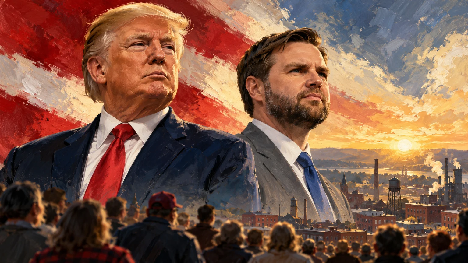AI-assisted editorial illustration of Donald Trump and JD Vance above a symbolic audience and industrial landscape.