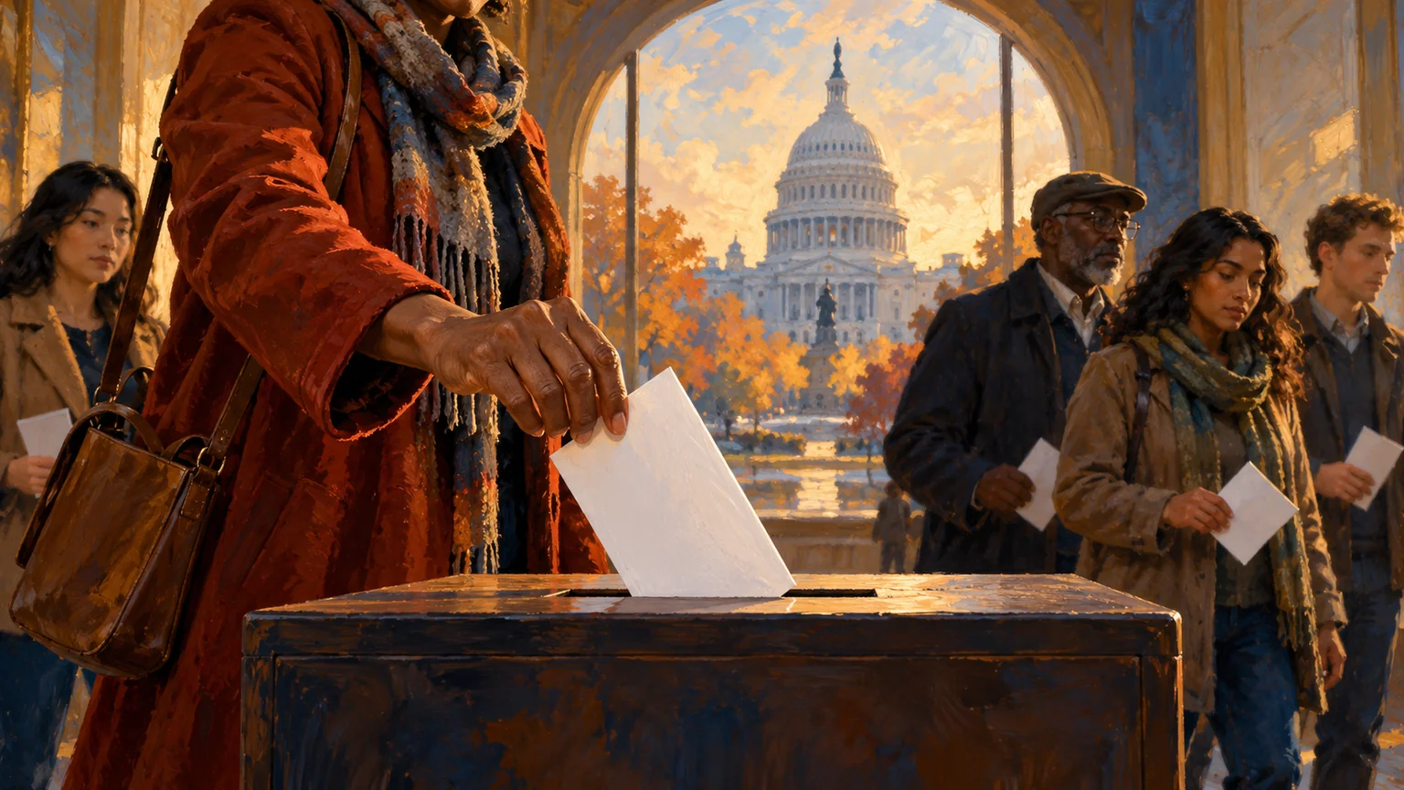 AI-assisted editorial illustration of American voters placing blank ballots in a box with the Capitol in the distance.
