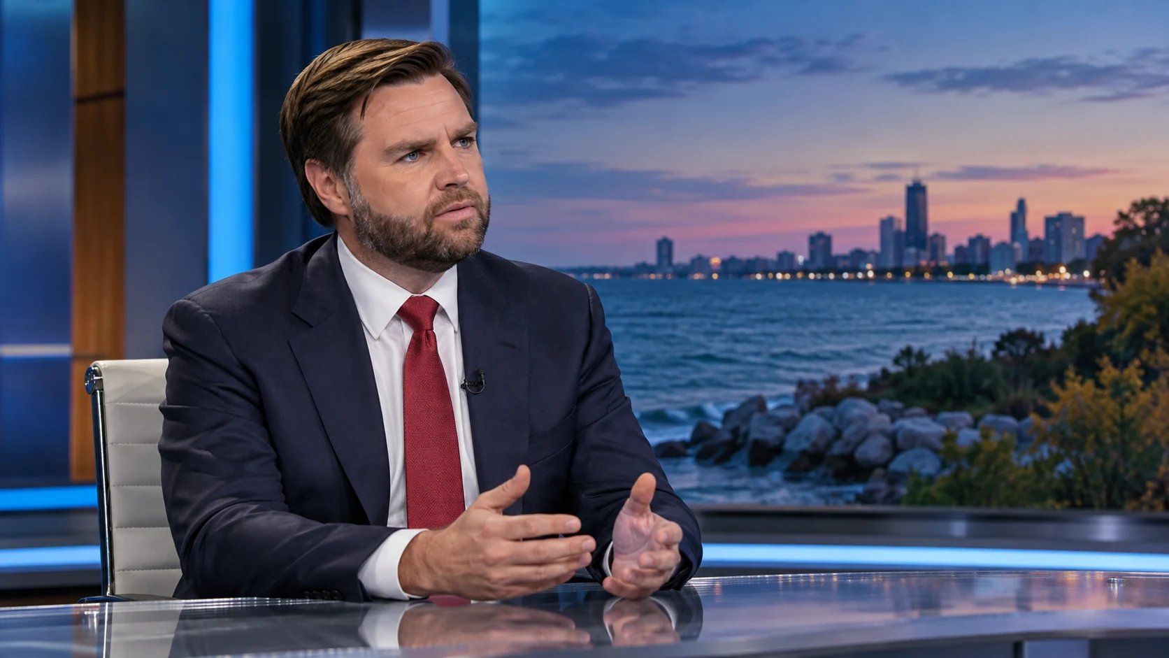 AI-assisted editorial illustration of JD Vance in a conceptual television interview setting, not a photograph of the forthcoming town hall.