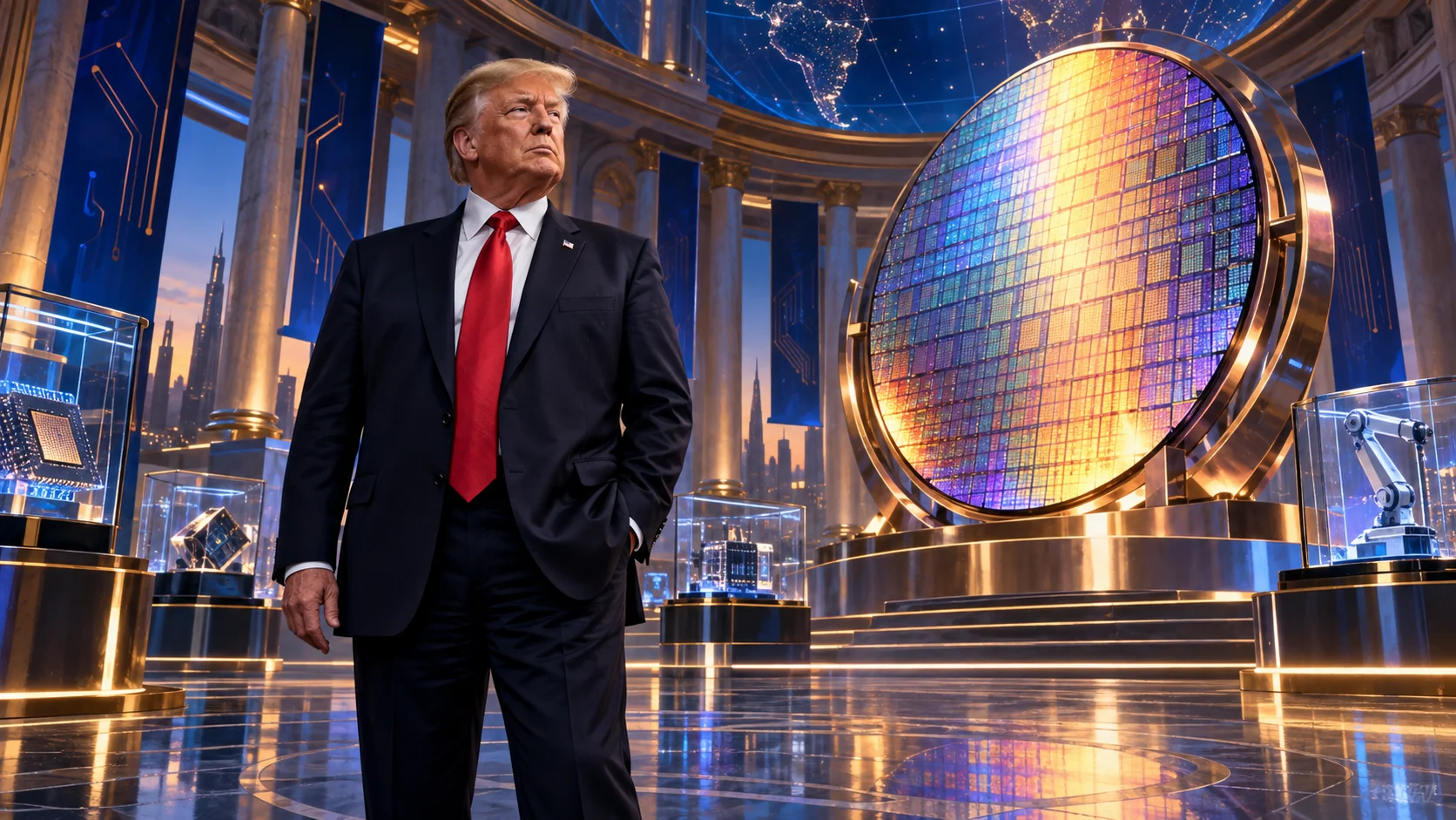AI-assisted editorial illustration of Donald Trump with a conceptual semiconductor installation, not a documentary photograph of the science summit.