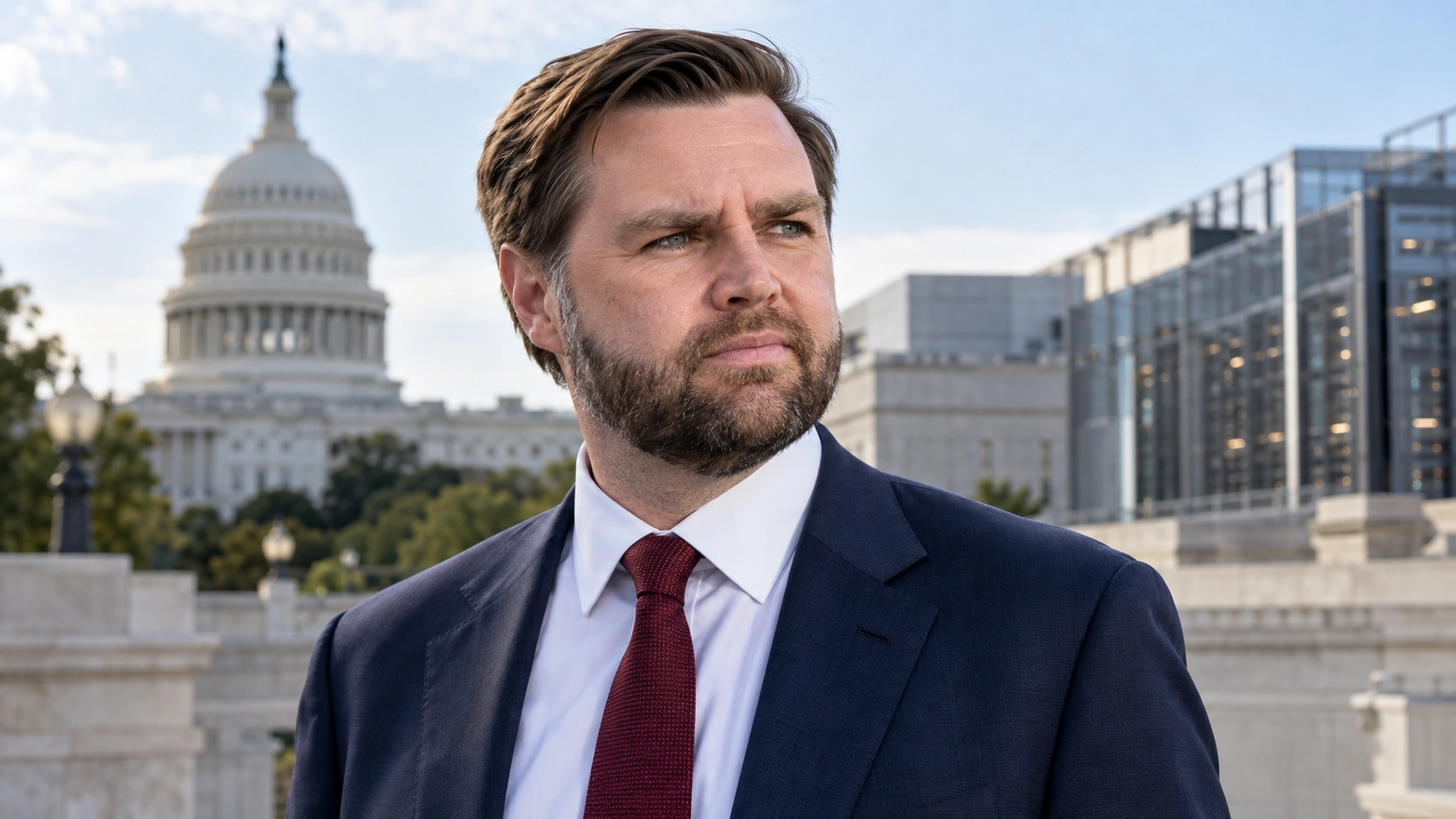 JD Vance in a Washington setting with contemporary technology architecture