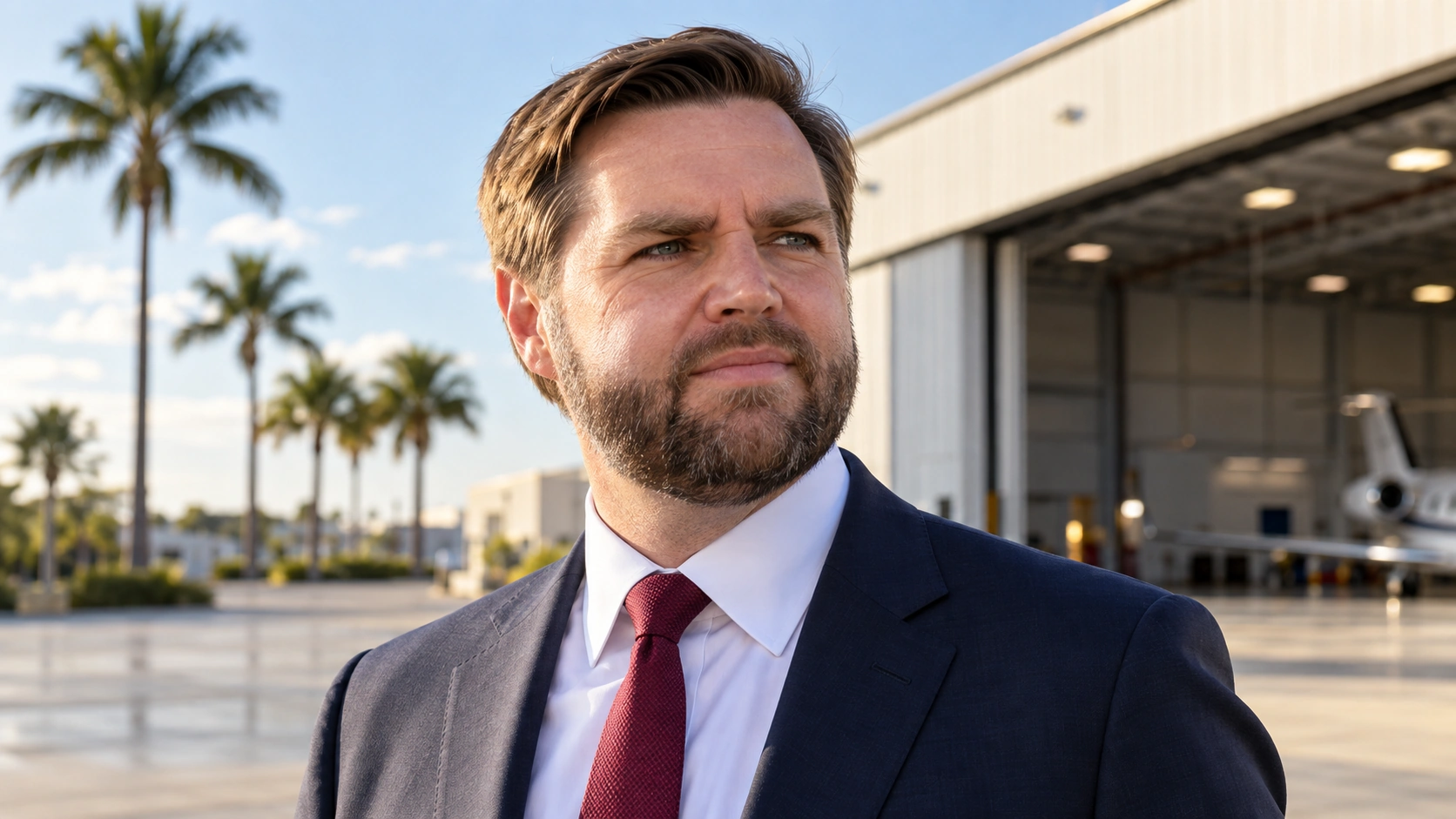 JD Vance in a Florida aviation setting with a hangar and palms