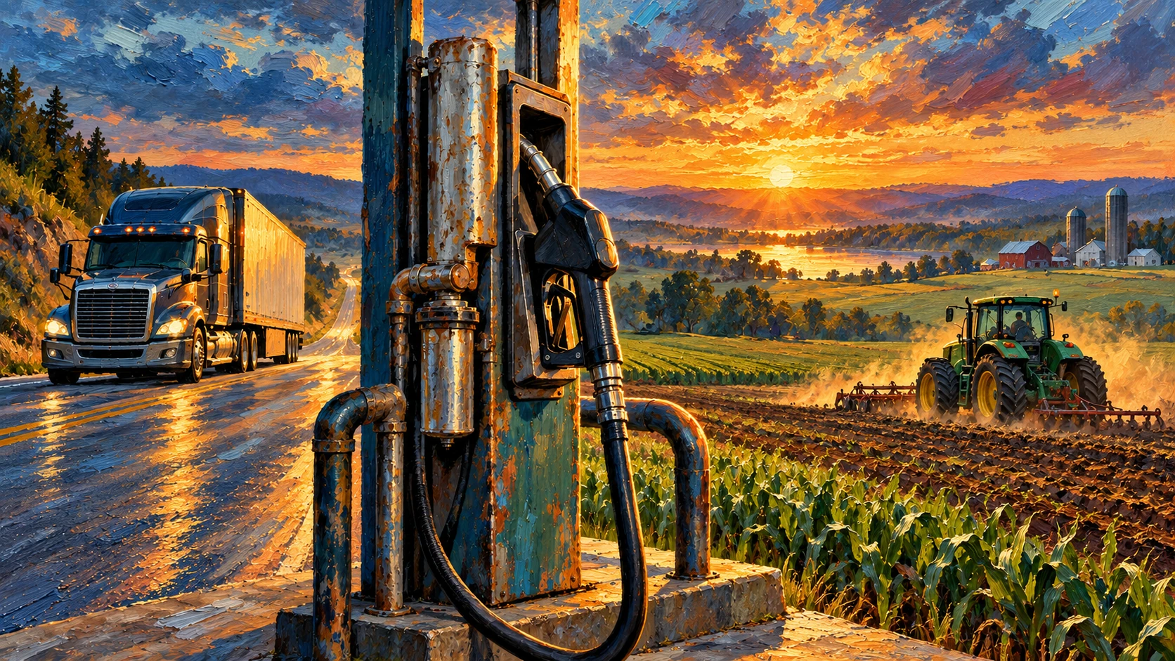AI-assisted editorial illustration of freight transport, farming and diesel supply for an analysis of JD Vance’s affordability agenda.