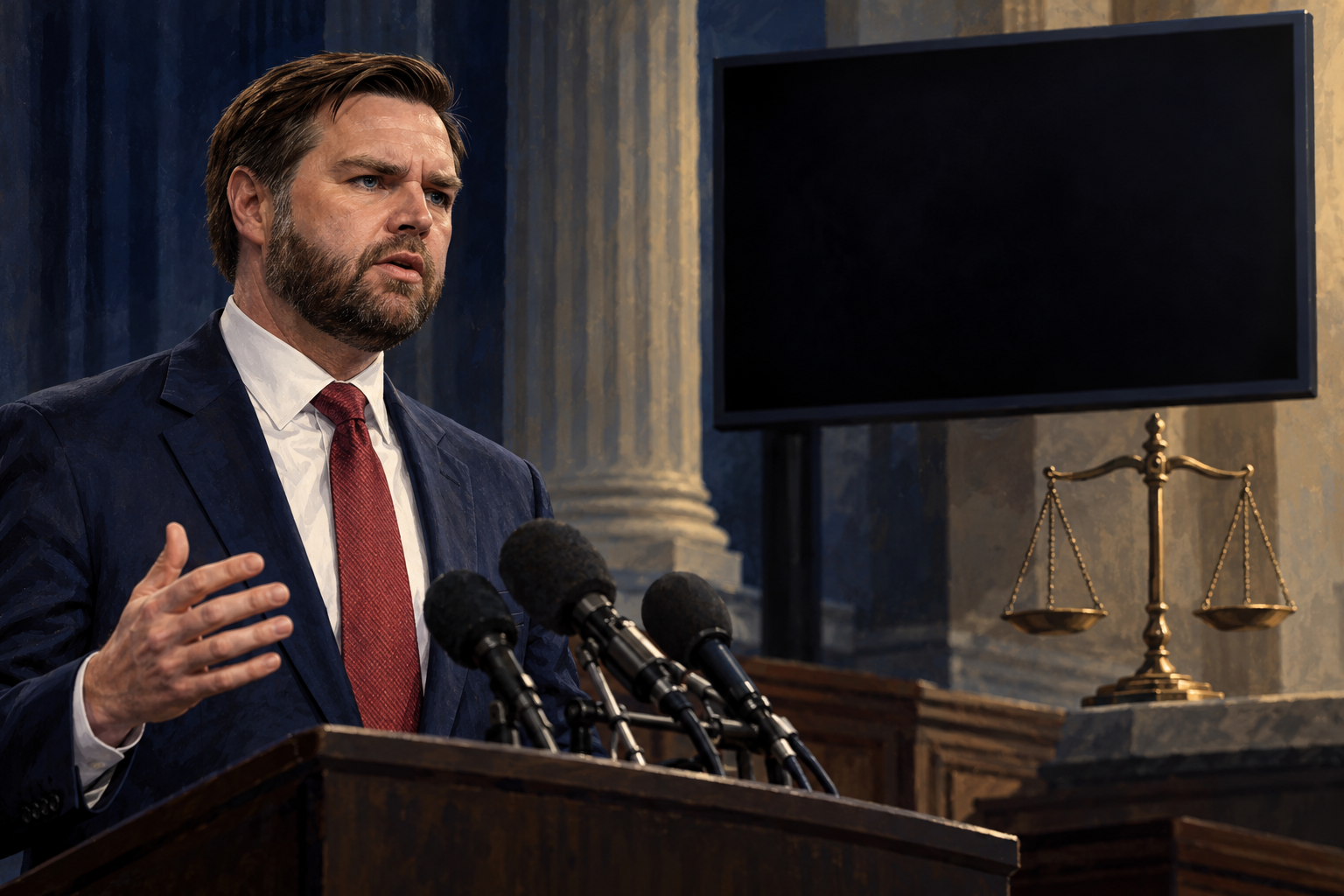 AI-assisted editorial illustration of JD Vance discussing execution livestream policy beside a dark screen and symbolic scales.