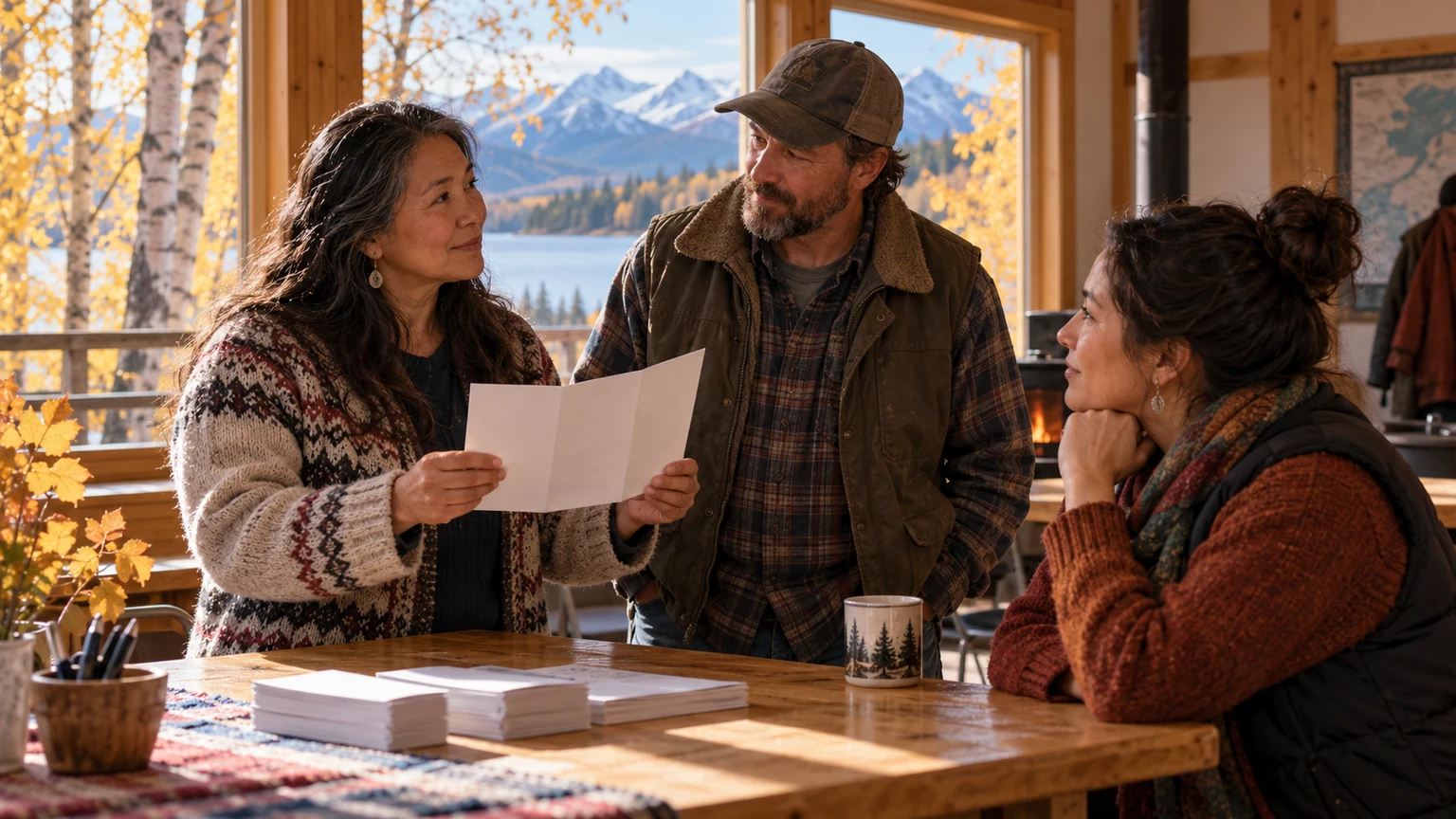 Conceptual editorial illustration of Alaska residents reviewing election information in a community room