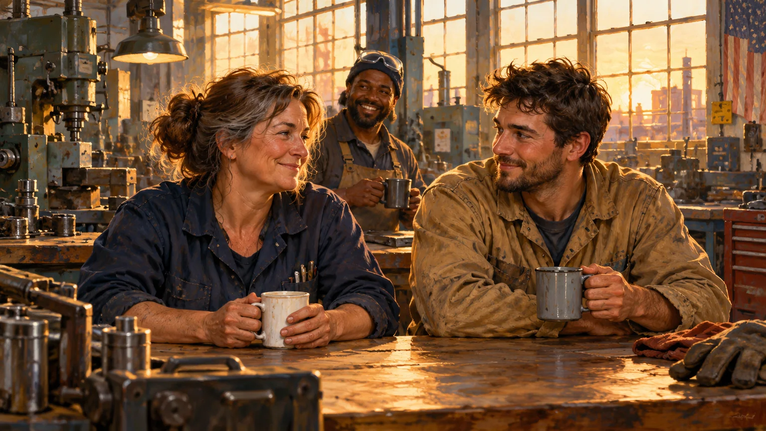 AI-assisted editorial illustration of factory workers sharing coffee during a break in a warm, sunlit workshop.