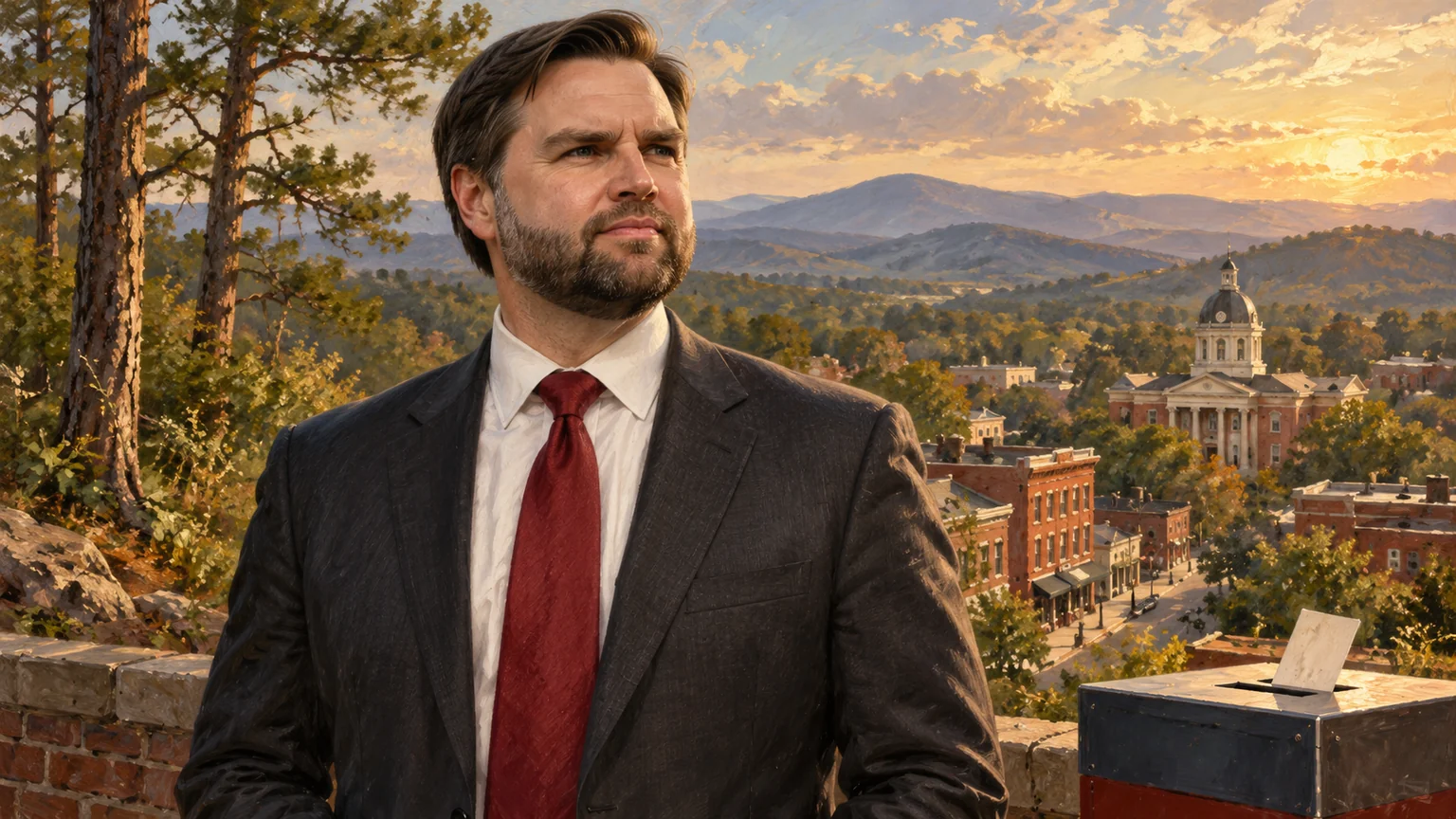 AI-assisted editorial illustration of JD Vance with a North Carolina-inspired town, hills and symbolic ballot box.