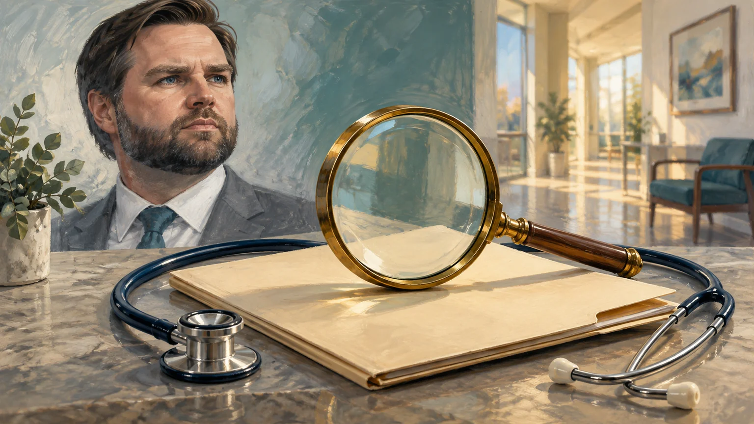 AI-assisted editorial illustration of JD Vance with a magnifying glass, blank insurance folder and stethoscope beside a clinic.
