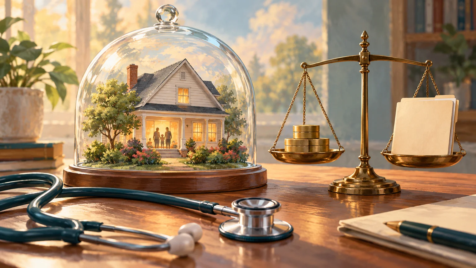 AI-assisted editorial illustration of a family home beneath a protective glass dome beside a balance scale and stethoscope.
