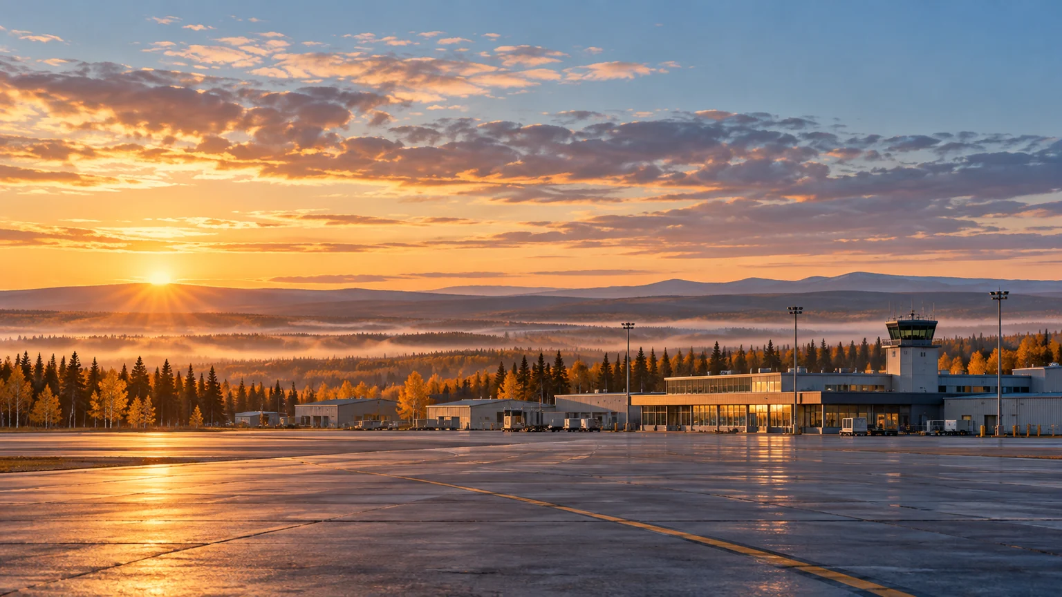 Conceptual editorial illustration of an Alaska airport amid a broad autumn boreal landscape