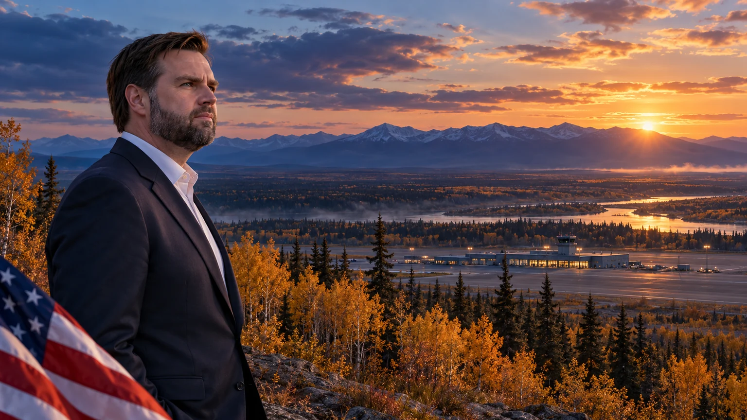AI-assisted editorial illustration of JD Vance and an Alaska autumn landscape for the planned Fairbanks visit