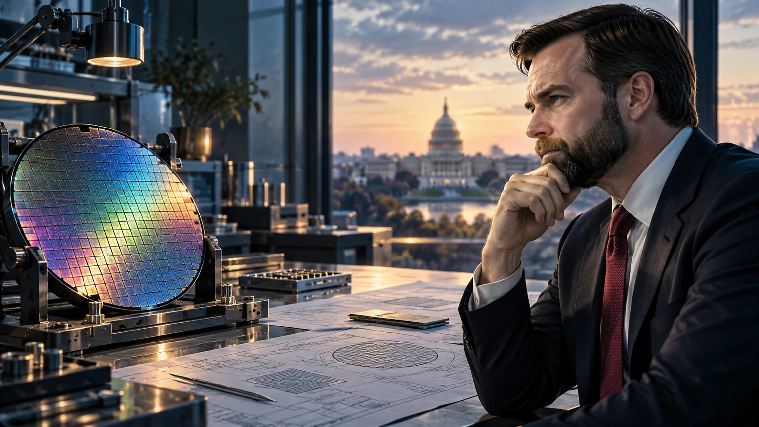 AI-assisted editorial illustration of JD Vance and an American engineering workspace for the H-1B reform debate