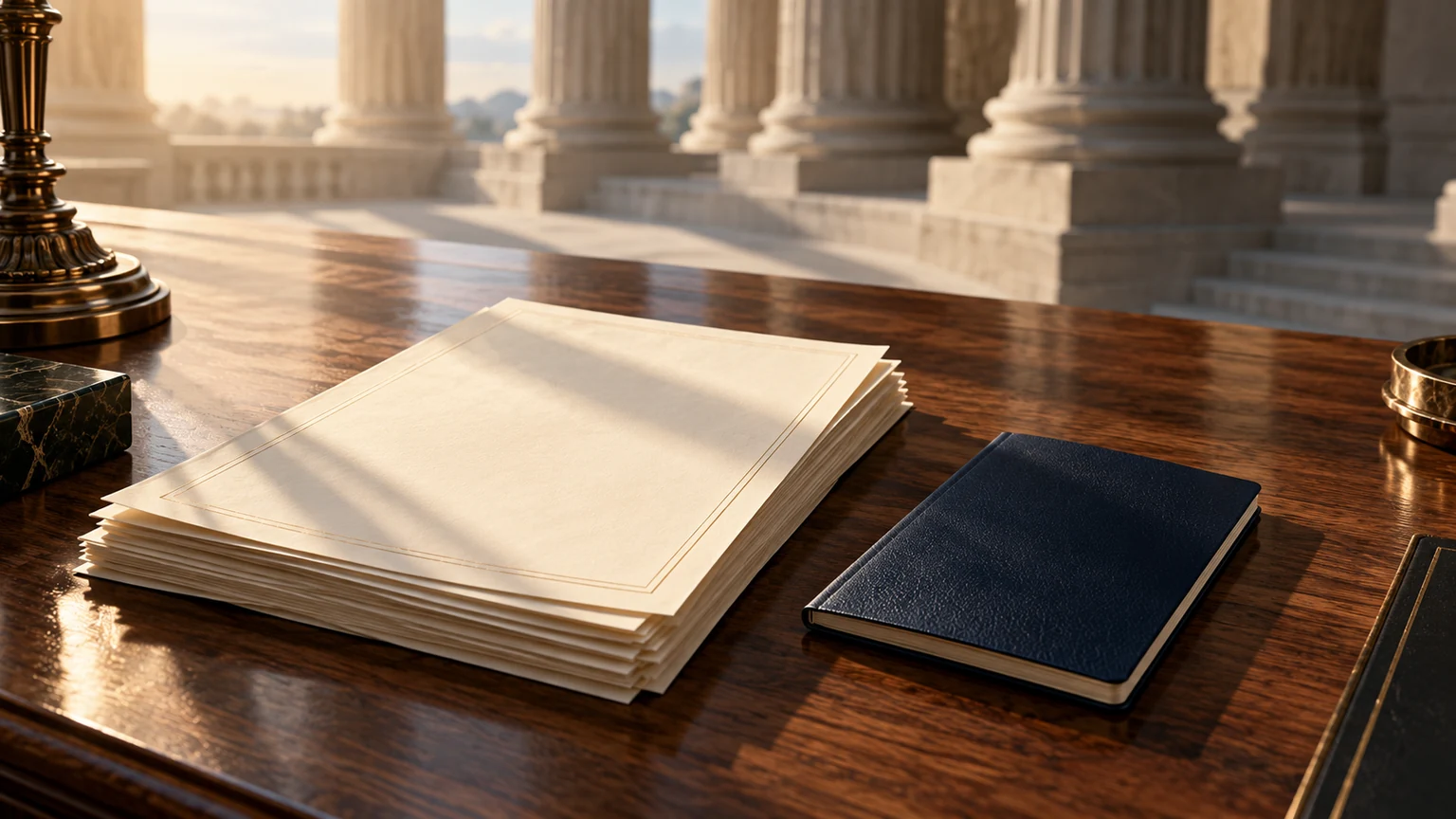 Conceptual editorial illustration of legal papers and a passport-style booklet with courthouse columns in the background