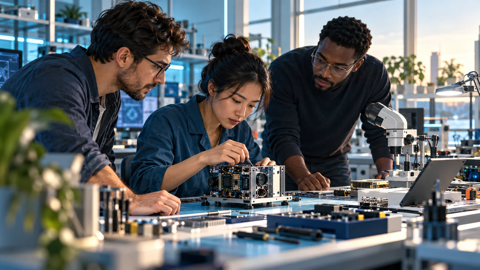 Conceptual editorial illustration of engineers collaborating at a precision manufacturing workbench