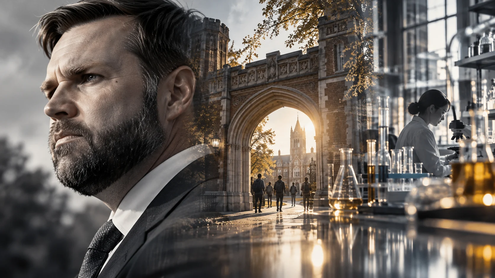 AI-assisted editorial illustration of JD Vance beside a conceptual university and research laboratory, without depicting a finding of wrongdoing.