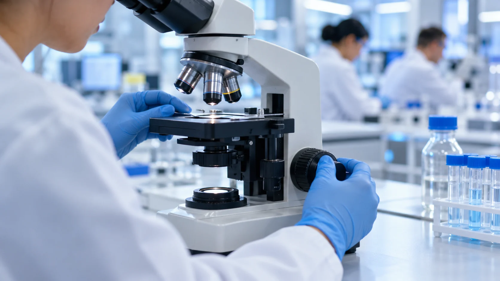 AI-assisted editorial illustration of gloved hands working with a microscope in a generic laboratory.