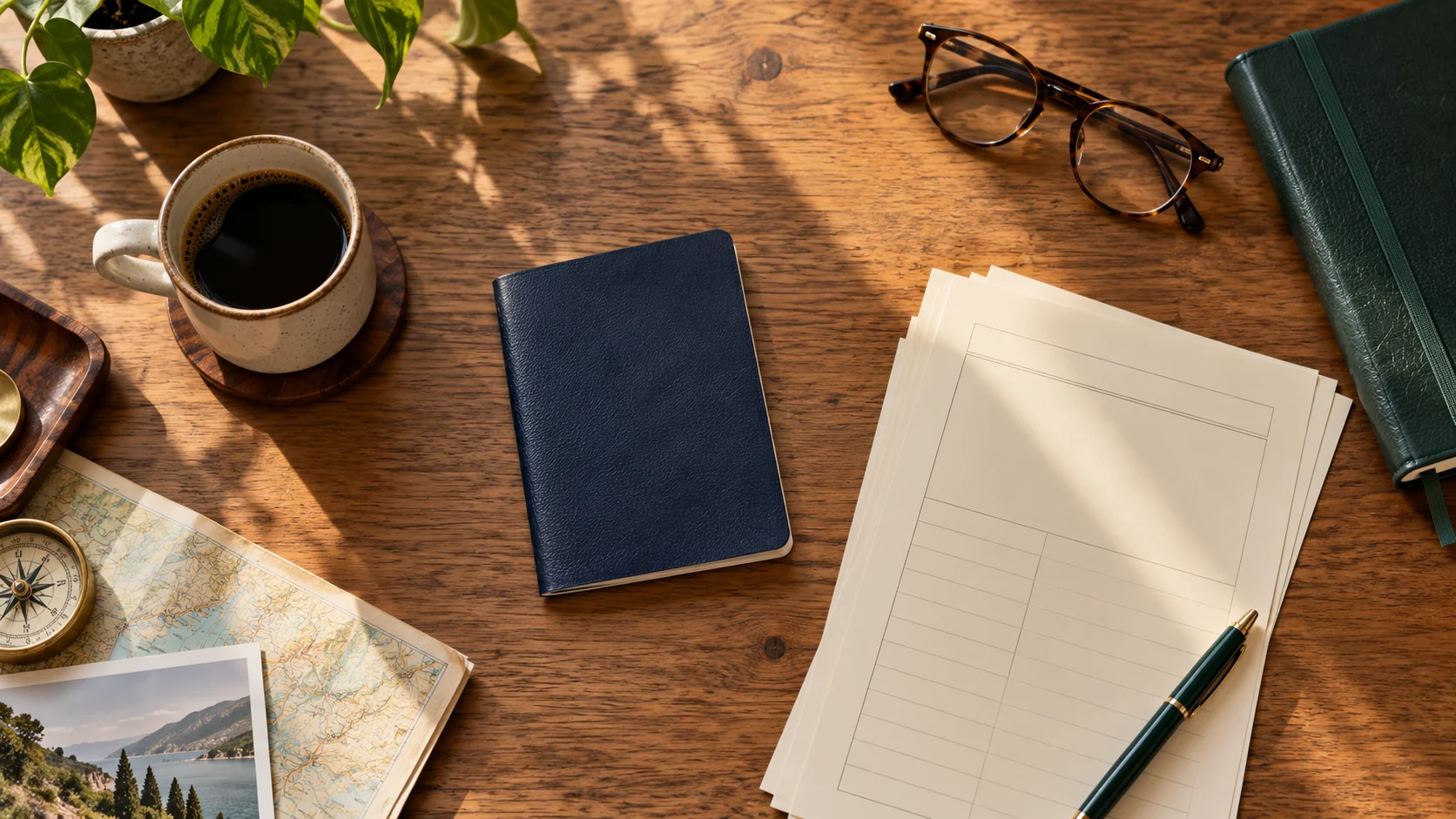 AI-assisted editorial illustration of a plain passport, blank forms and research notebook on a desk.