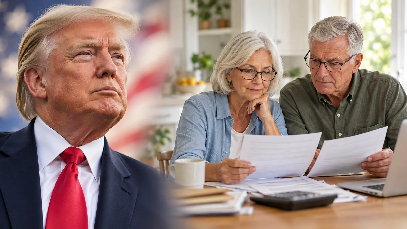 AI-assisted editorial illustration of Donald Trump and a separate conceptual scene of an older couple reviewing household bills.