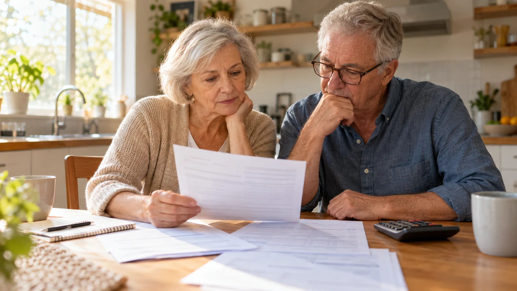 AI-assisted editorial illustration of an older couple checking a plain statement at a kitchen table.