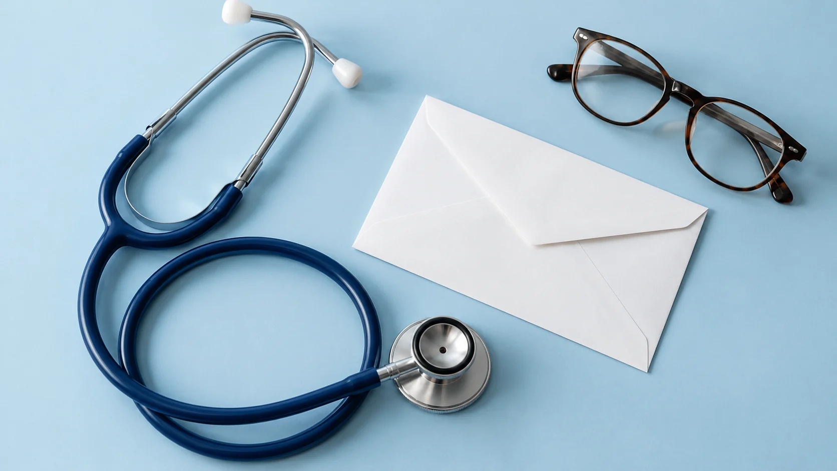 AI-assisted editorial illustration of a stethoscope, reading glasses and an unmarked envelope.