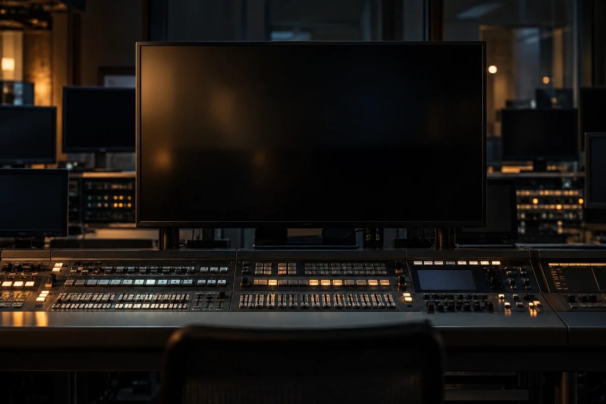 AI-assisted editorial illustration of a powered-off broadcast monitor in an empty control room, accompanying coverage of JD Vance and the execution livestream debate.