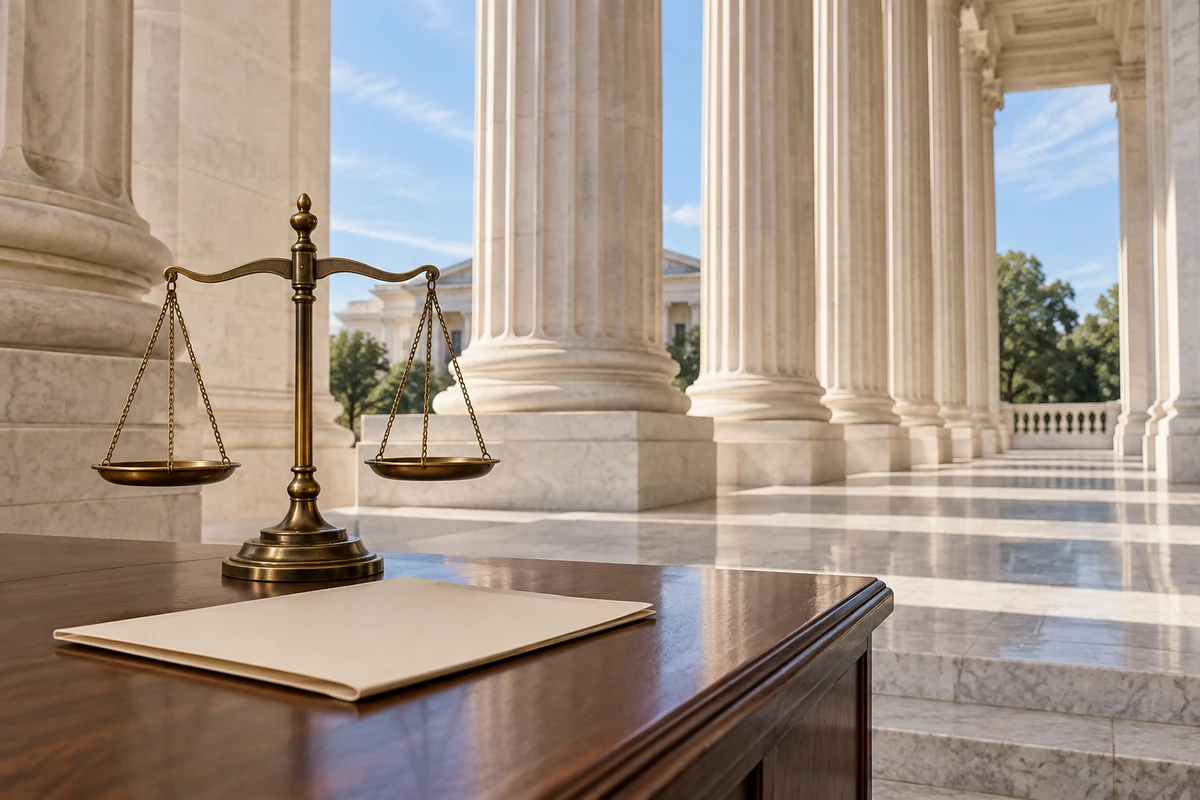 AI-assisted editorial illustration of brass scales of justice and courthouse columns, accompanying coverage of JD Vance and questions about execution livestreams.