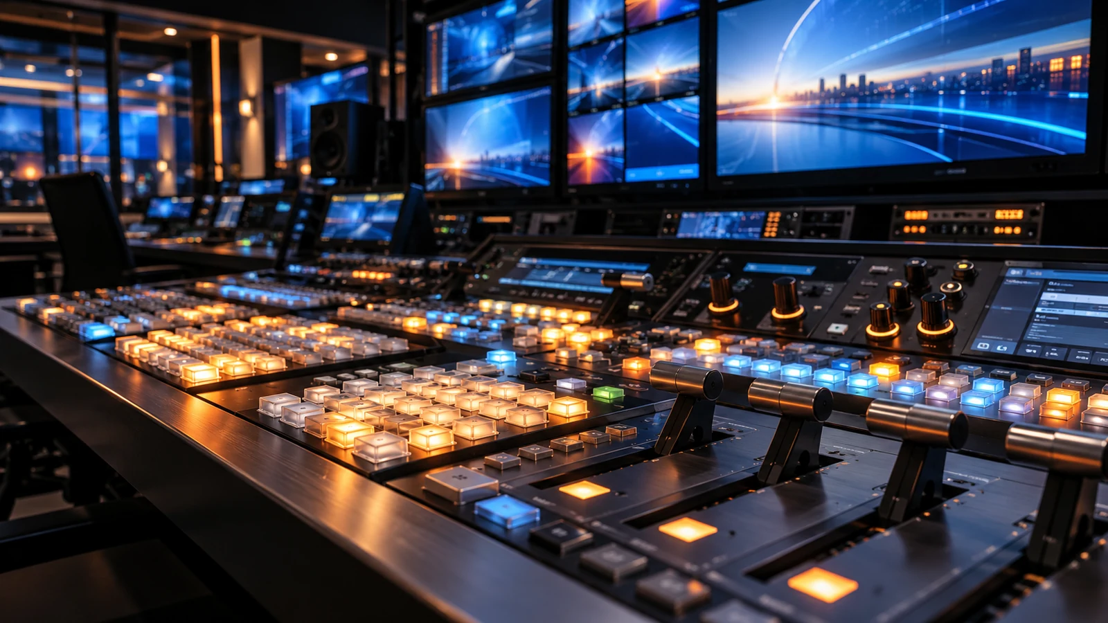 AI-assisted editorial illustration of an unoccupied broadcast production control desk.