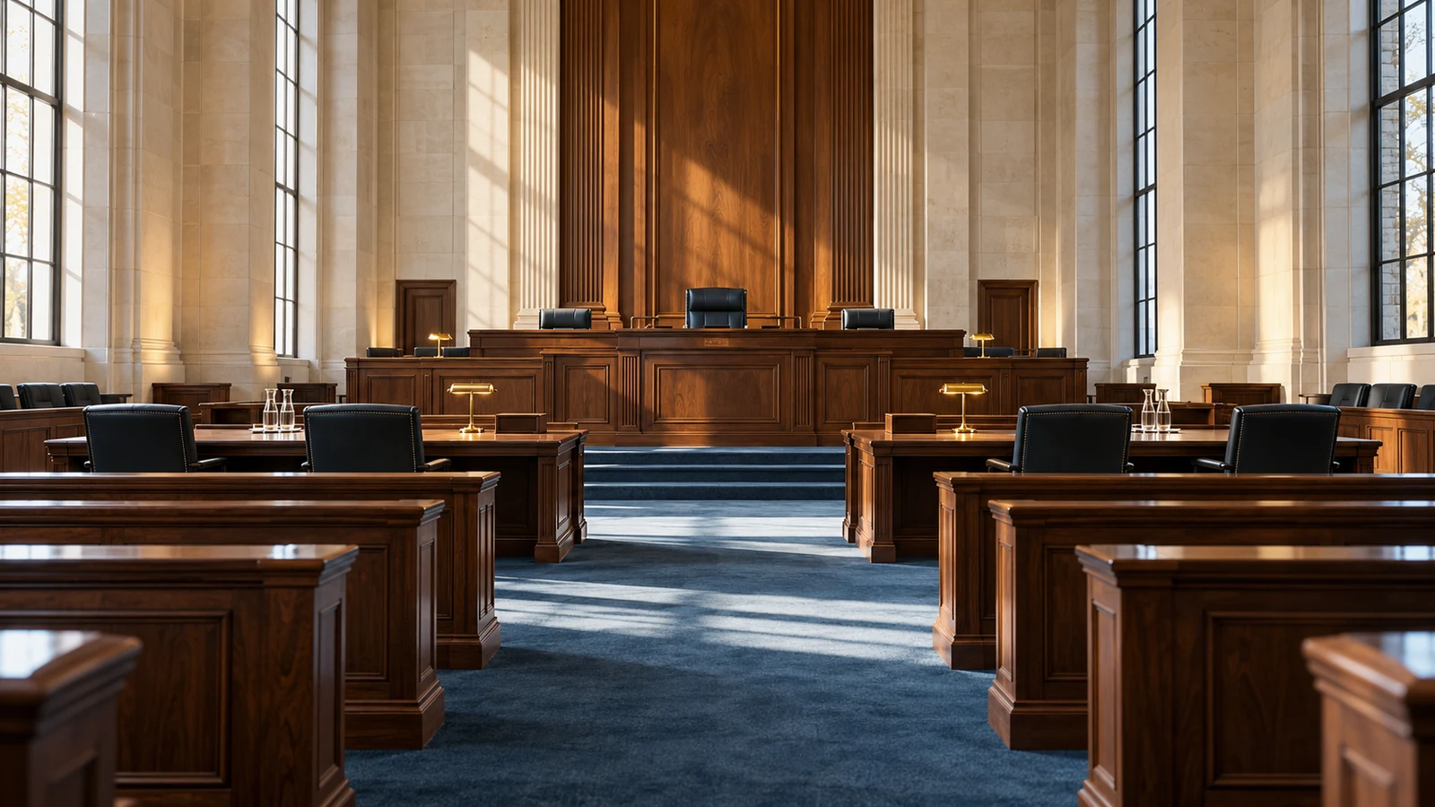 AI-assisted editorial illustration of an empty generic federal-style courtroom.