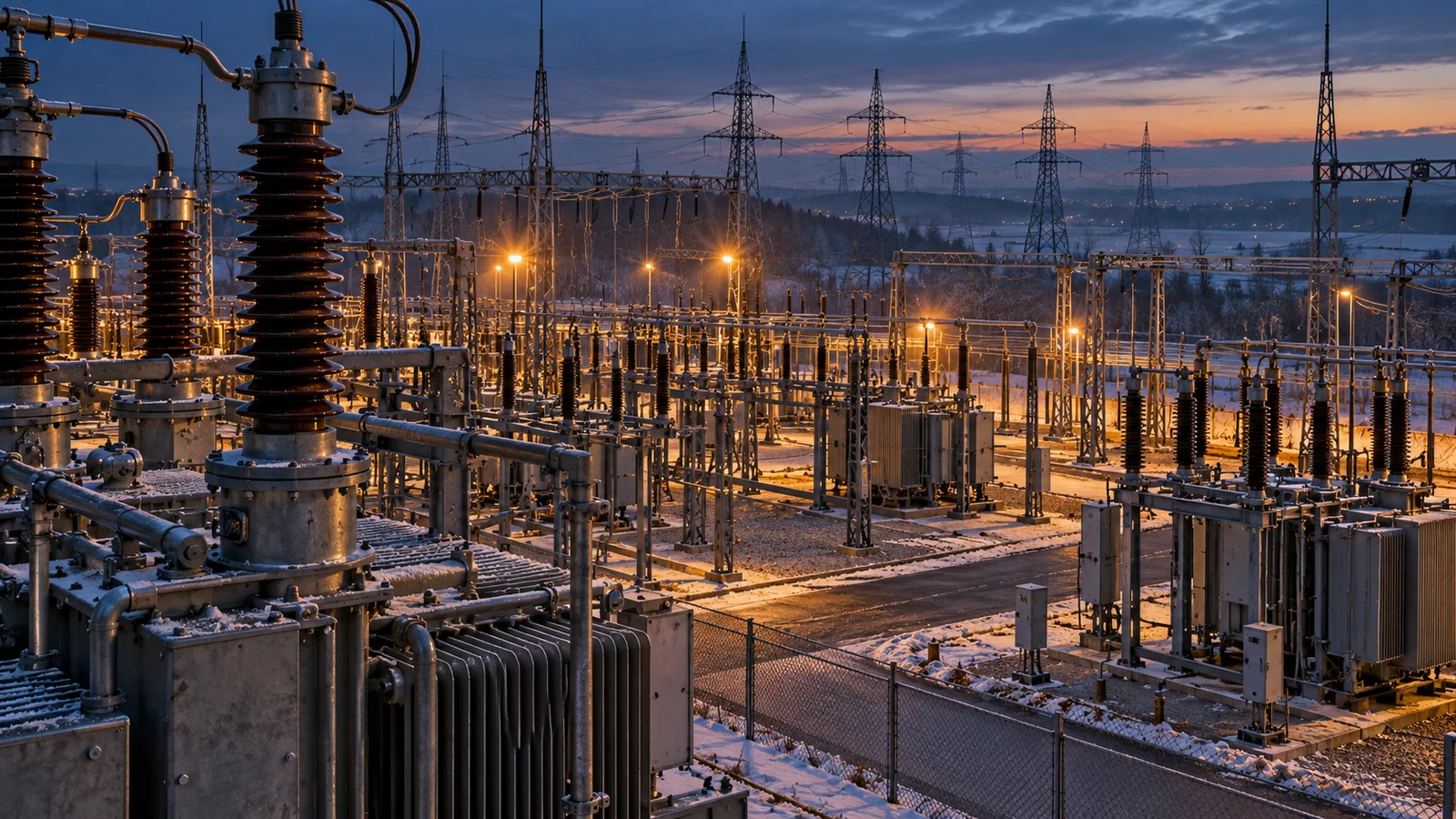 AI-assisted editorial illustration of an intact electrical substation in winter light.