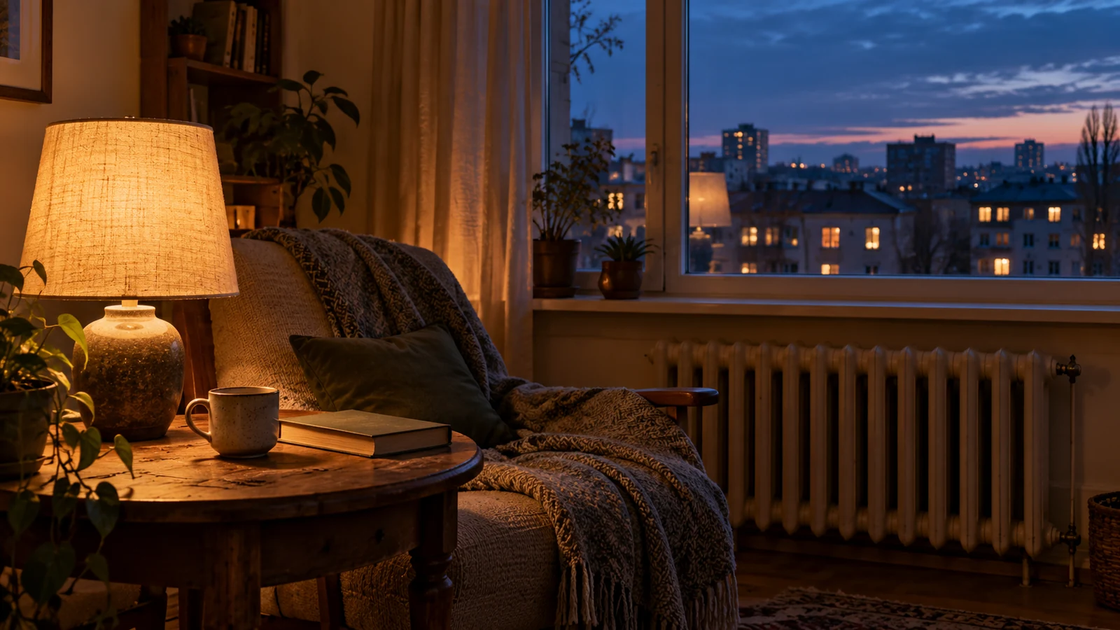 AI-assisted editorial illustration of a warmly lit apartment beside a window at blue hour.