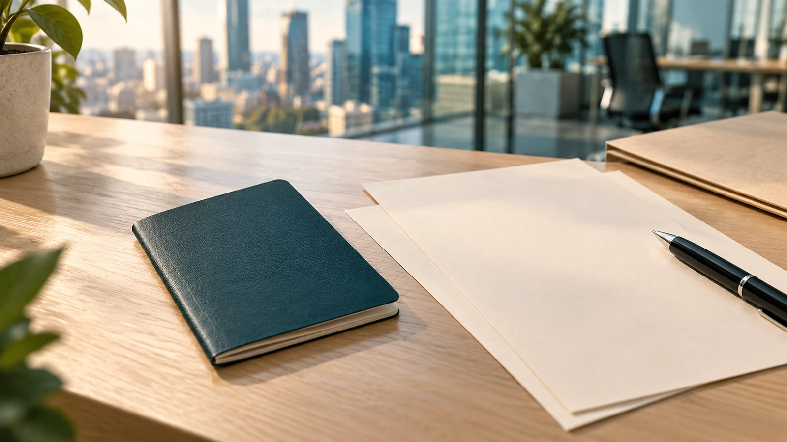 AI-assisted editorial illustration of a plain closed passport and blank employment papers on an office desk.