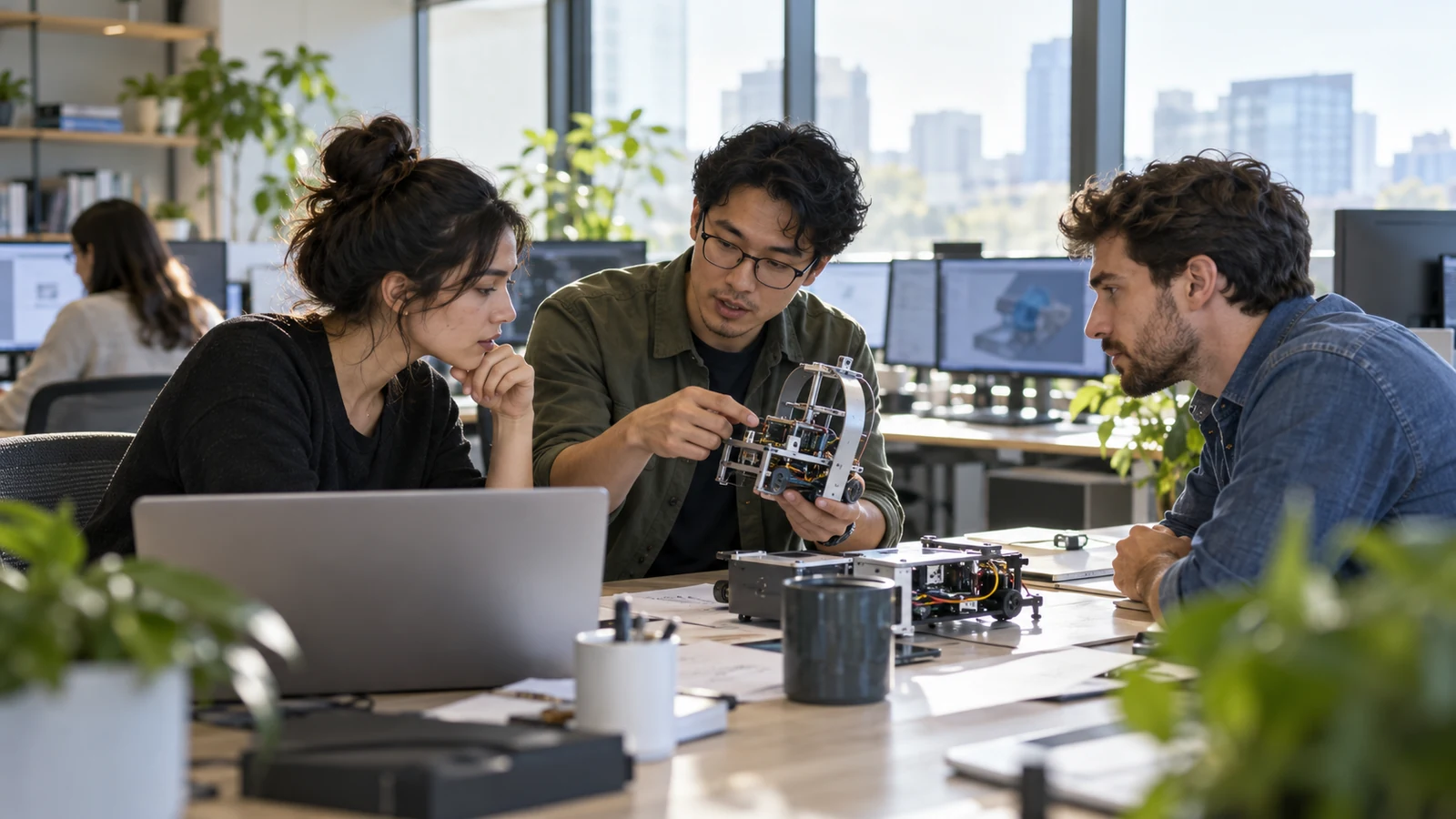AI-assisted editorial illustration of engineers collaborating in a bright technology workplace.